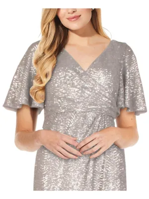 ADRIANNA PAPELL Womens Silver Zippered Sequined Flutter Sleeve Surplice Neckline Maxi Prom Faux Wrap Dress