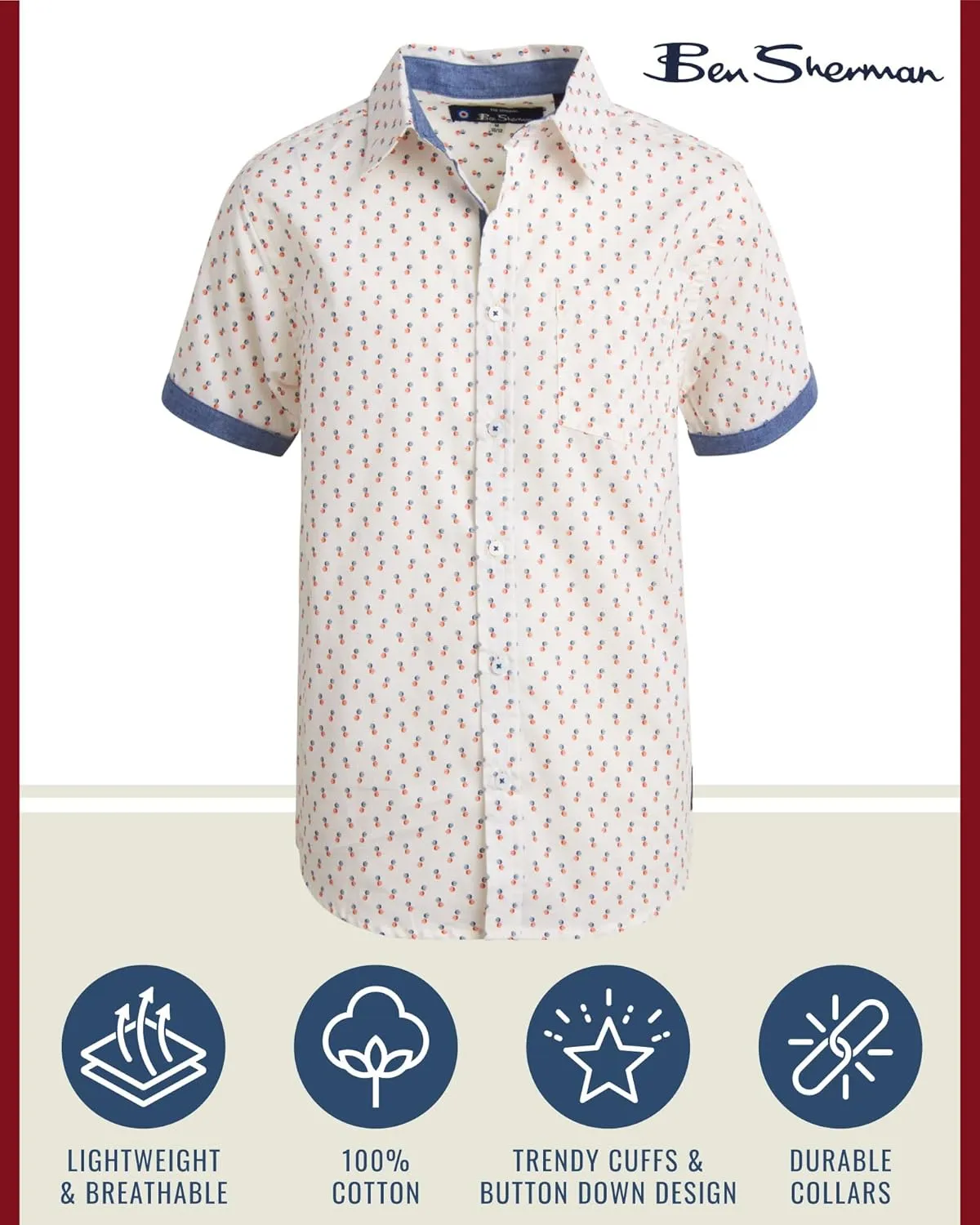 Ben Sherman Boys' Short Sleeve Button Down Shirt - 2 Pack 100% Cotton Breathable Woven Dress Shirts for Boys (Sizes: 8-18)