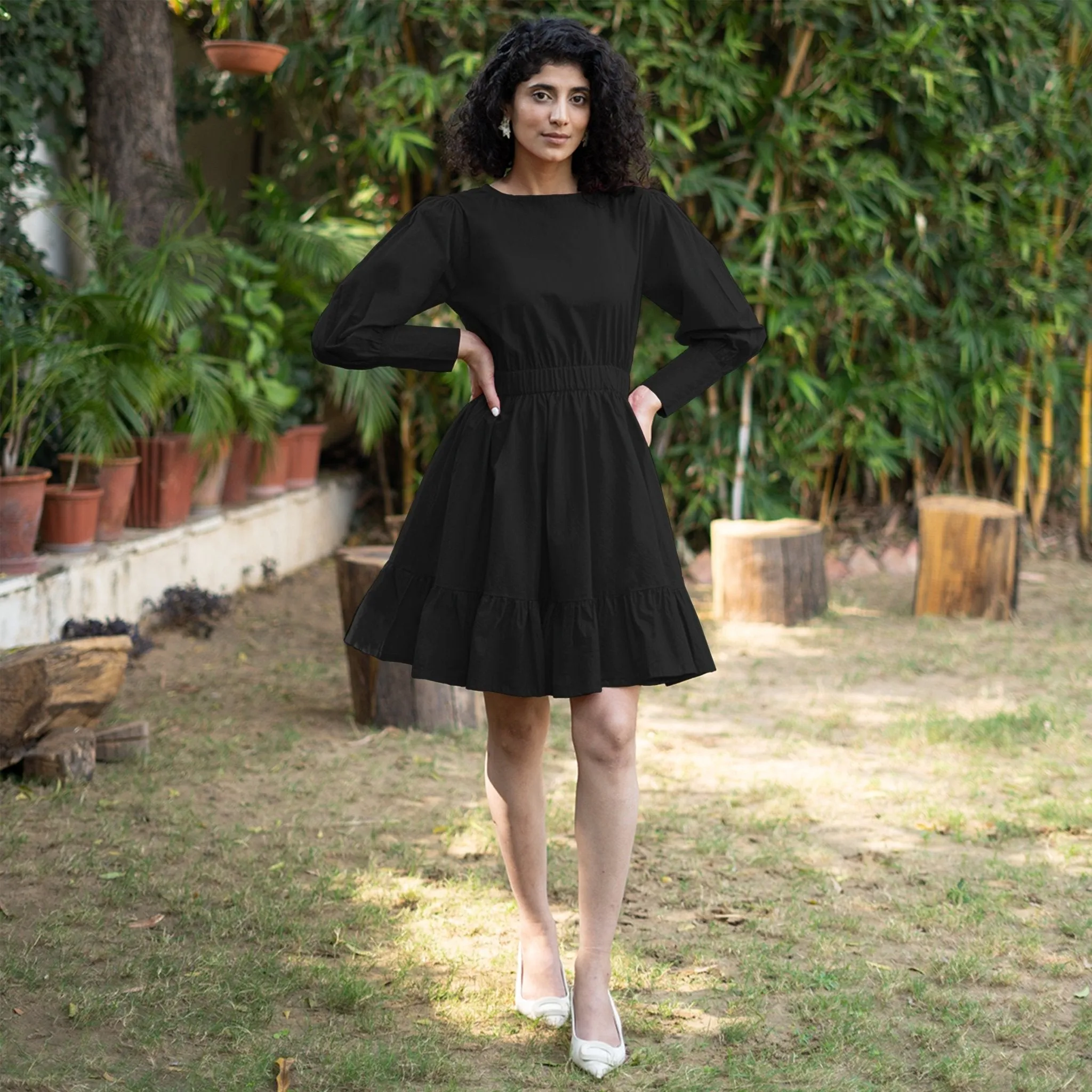 Black Cotton Poplin Gathered Short Tier Dress
