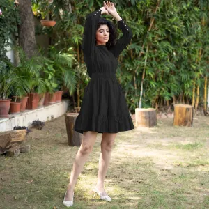 Black Cotton Poplin Gathered Short Tier Dress