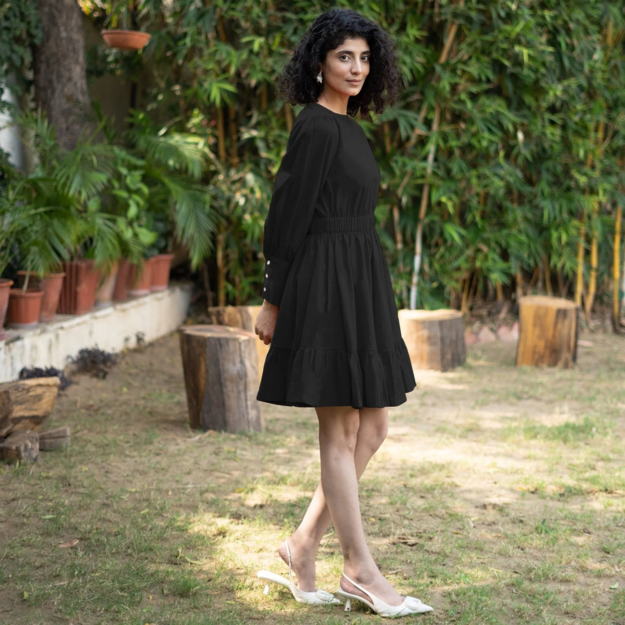 Black Cotton Poplin Gathered Short Tier Dress