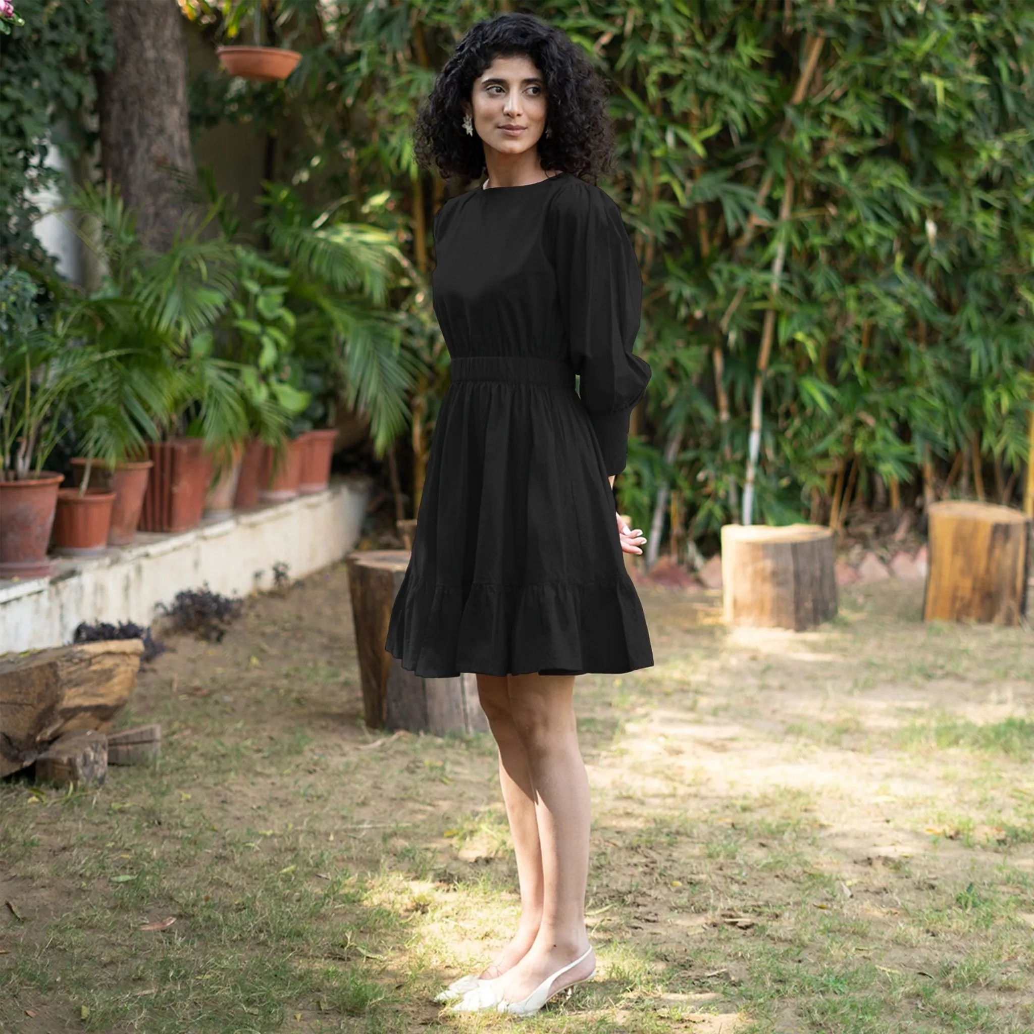 Black Cotton Poplin Gathered Short Tier Dress
