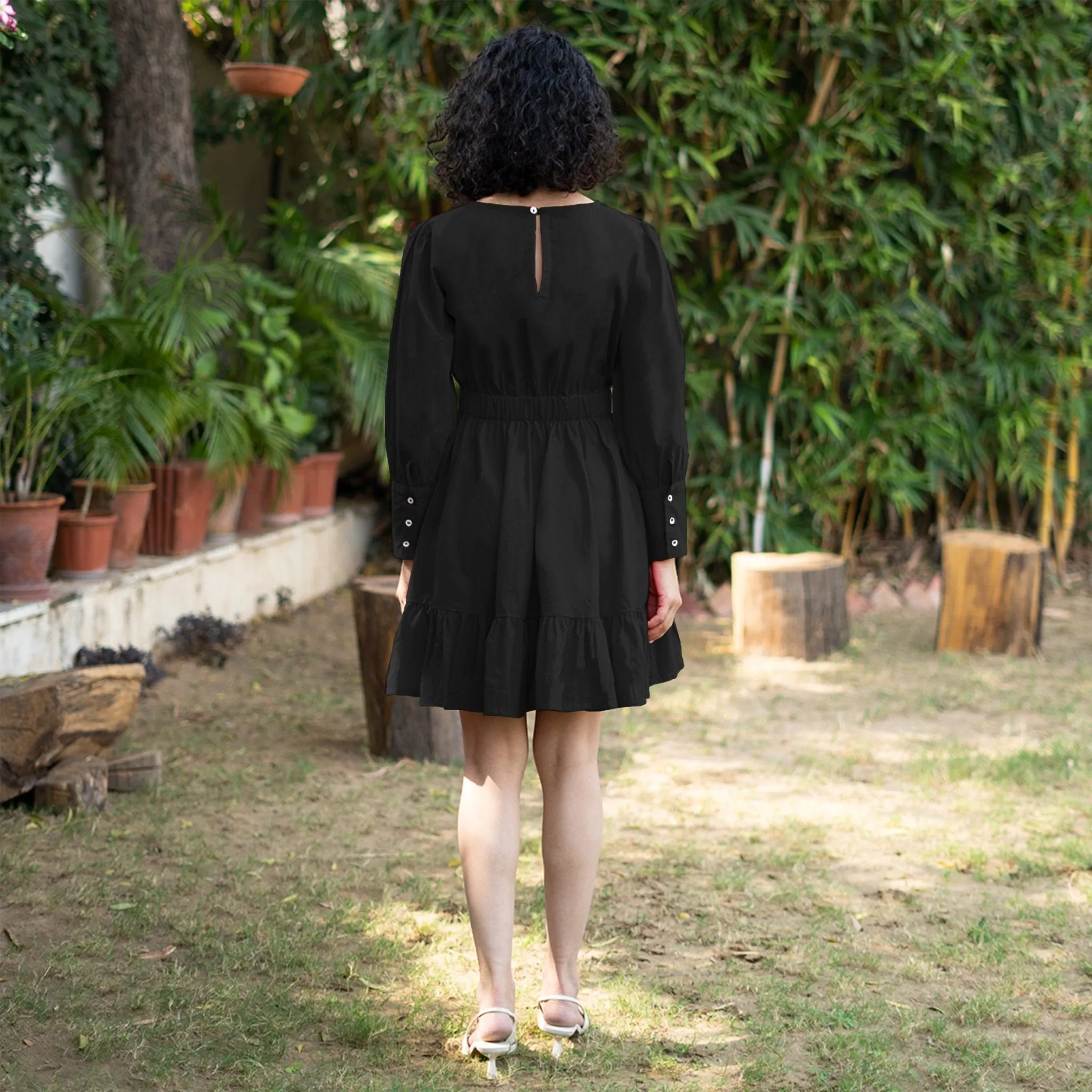 Black Cotton Poplin Gathered Short Tier Dress