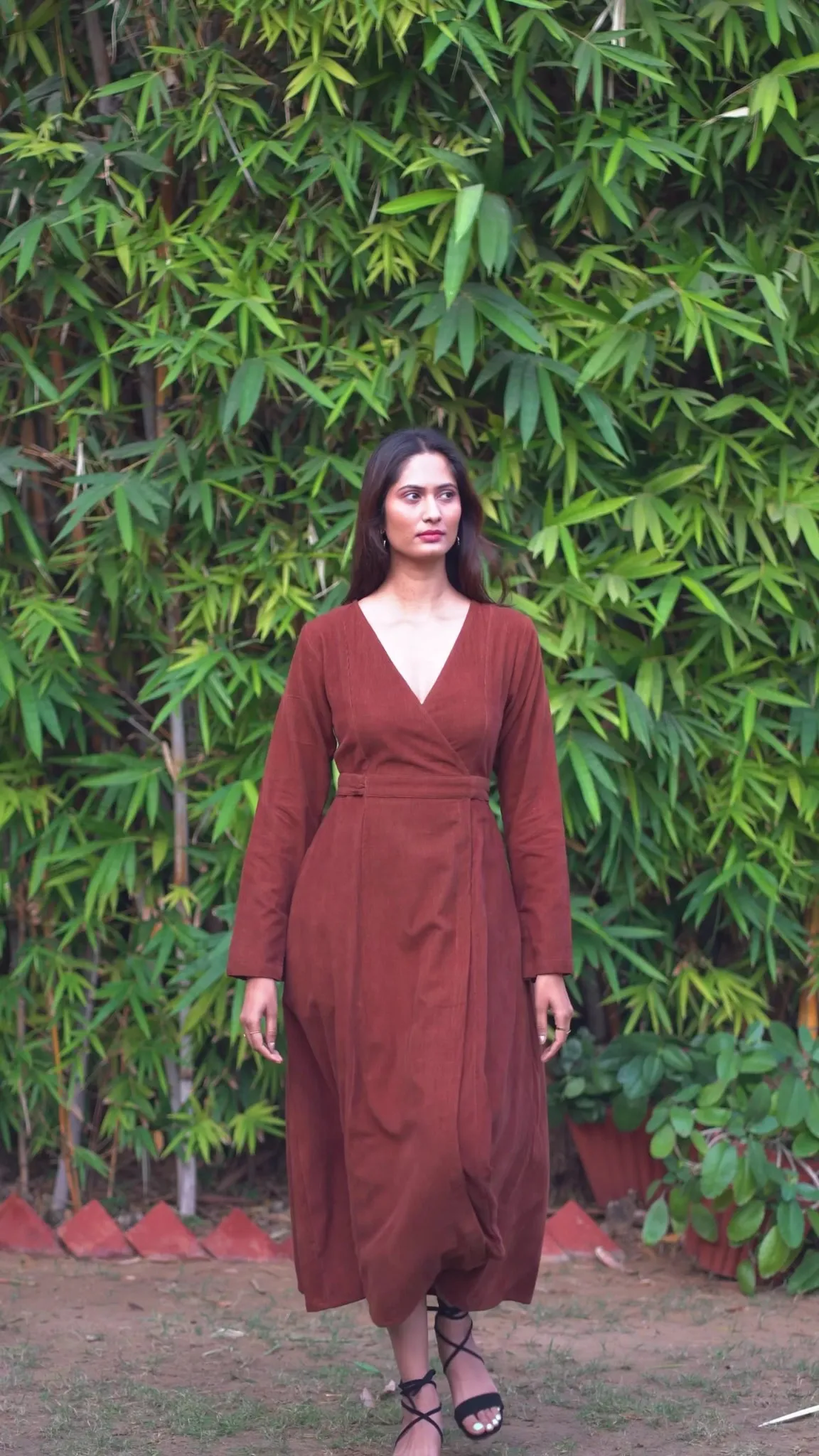 Black Warm Cotton Corduroy Deep Neck Midi Wrap Dress