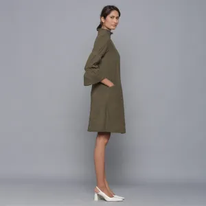 Bronze Grey Warm Cotton Corduroy High Neck Short Dress