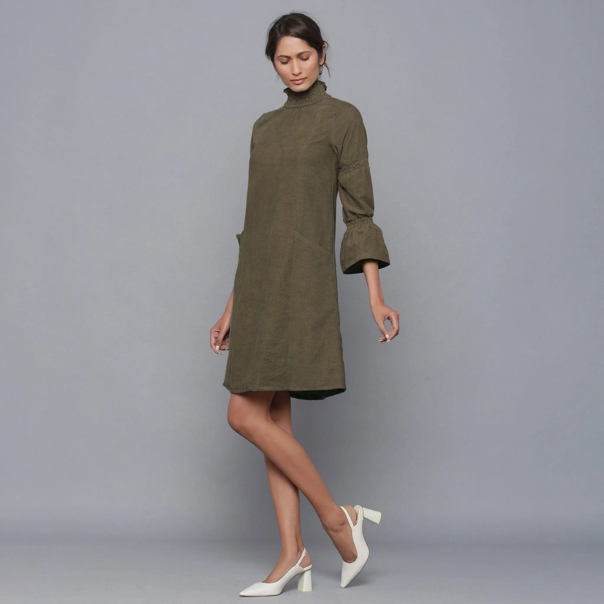 Bronze Grey Warm Cotton Corduroy High Neck Short Dress