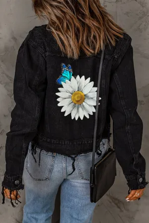 Daisy Sunflower Print Rhinestone Distressed Denim Jacket