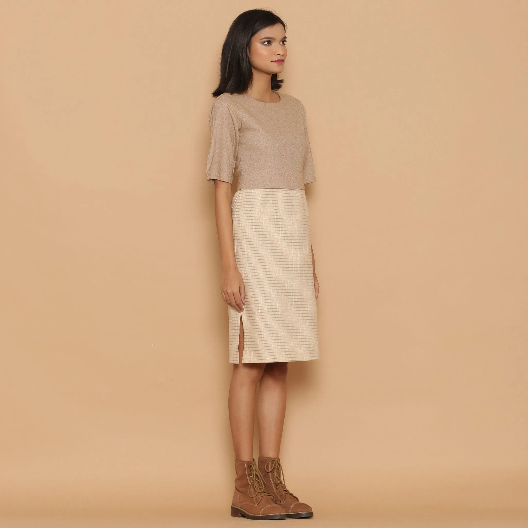 Dusk Beige Cotton Knee Length Shift Yoked Dress