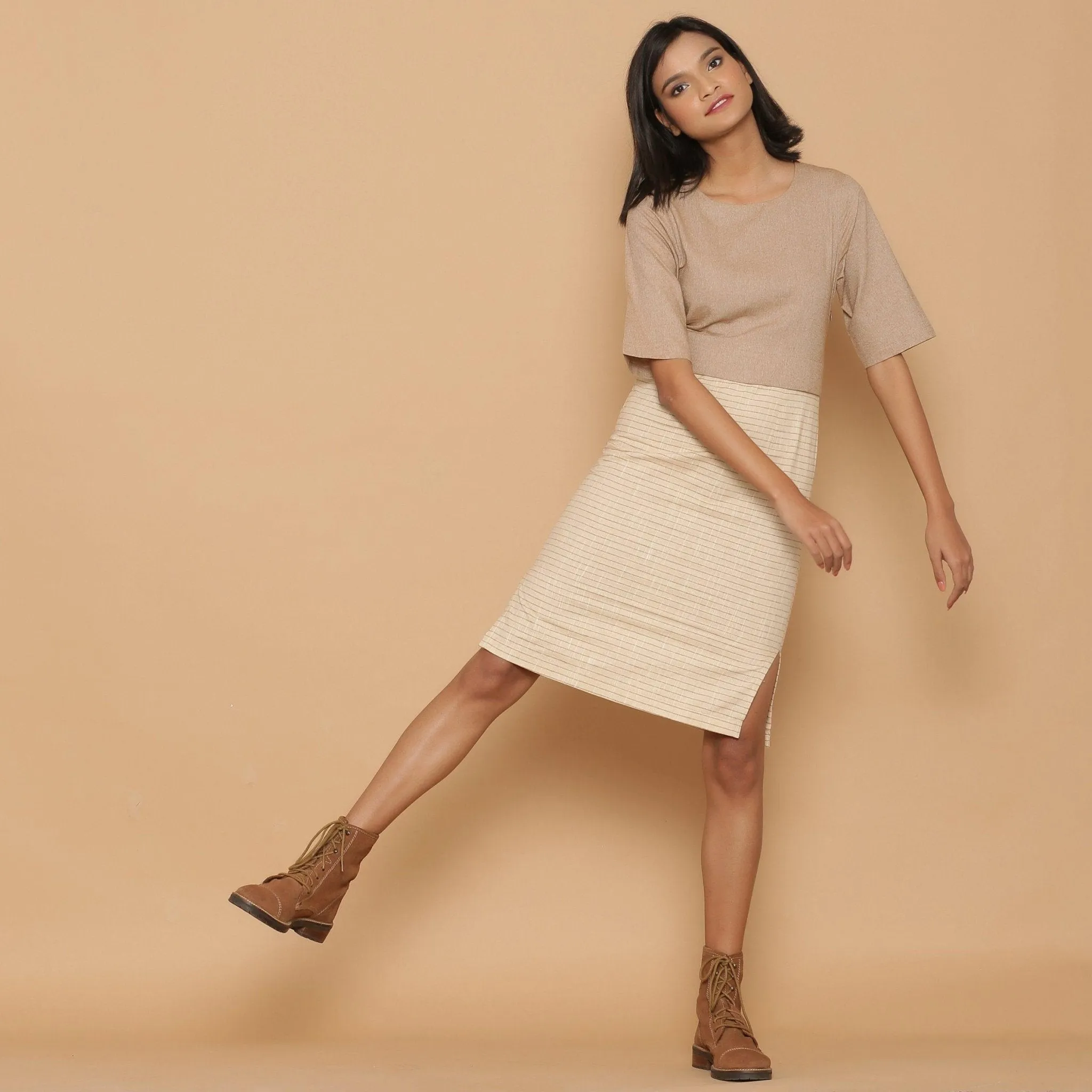 Dusk Beige Cotton Knee Length Shift Yoked Dress