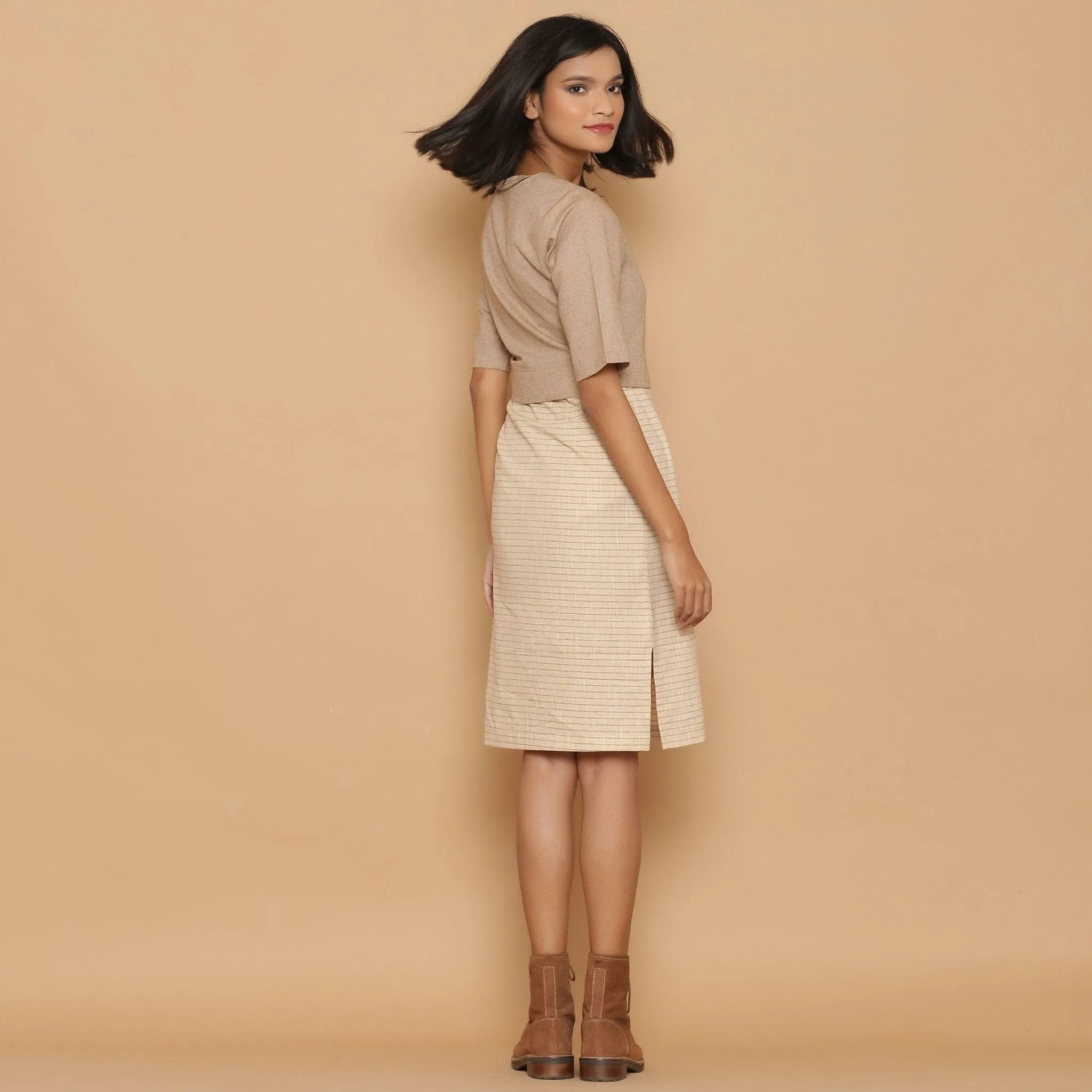Dusk Beige Cotton Knee Length Shift Yoked Dress