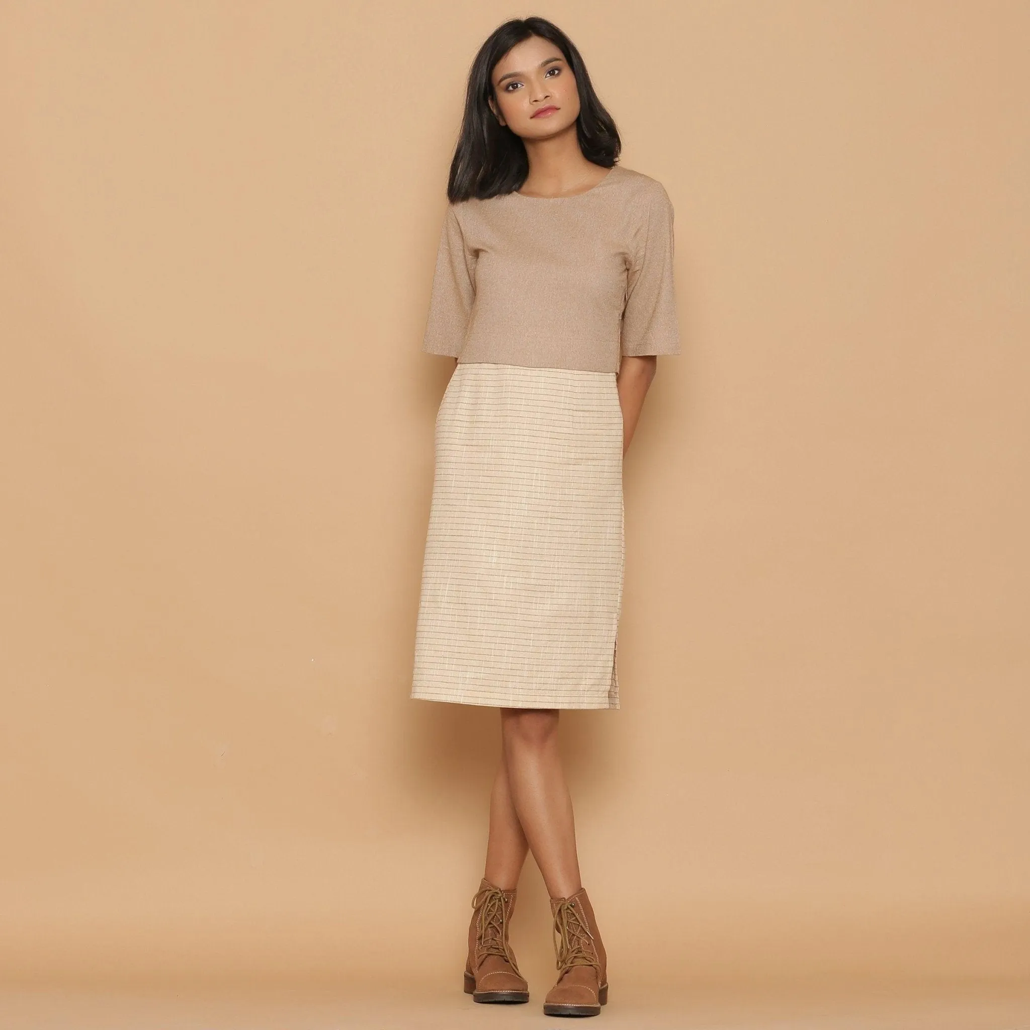 Dusk Beige Cotton Knee Length Shift Yoked Dress