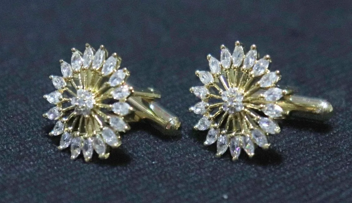 Golden Crystal Studded Designer Sun Metallic Cufflinks
