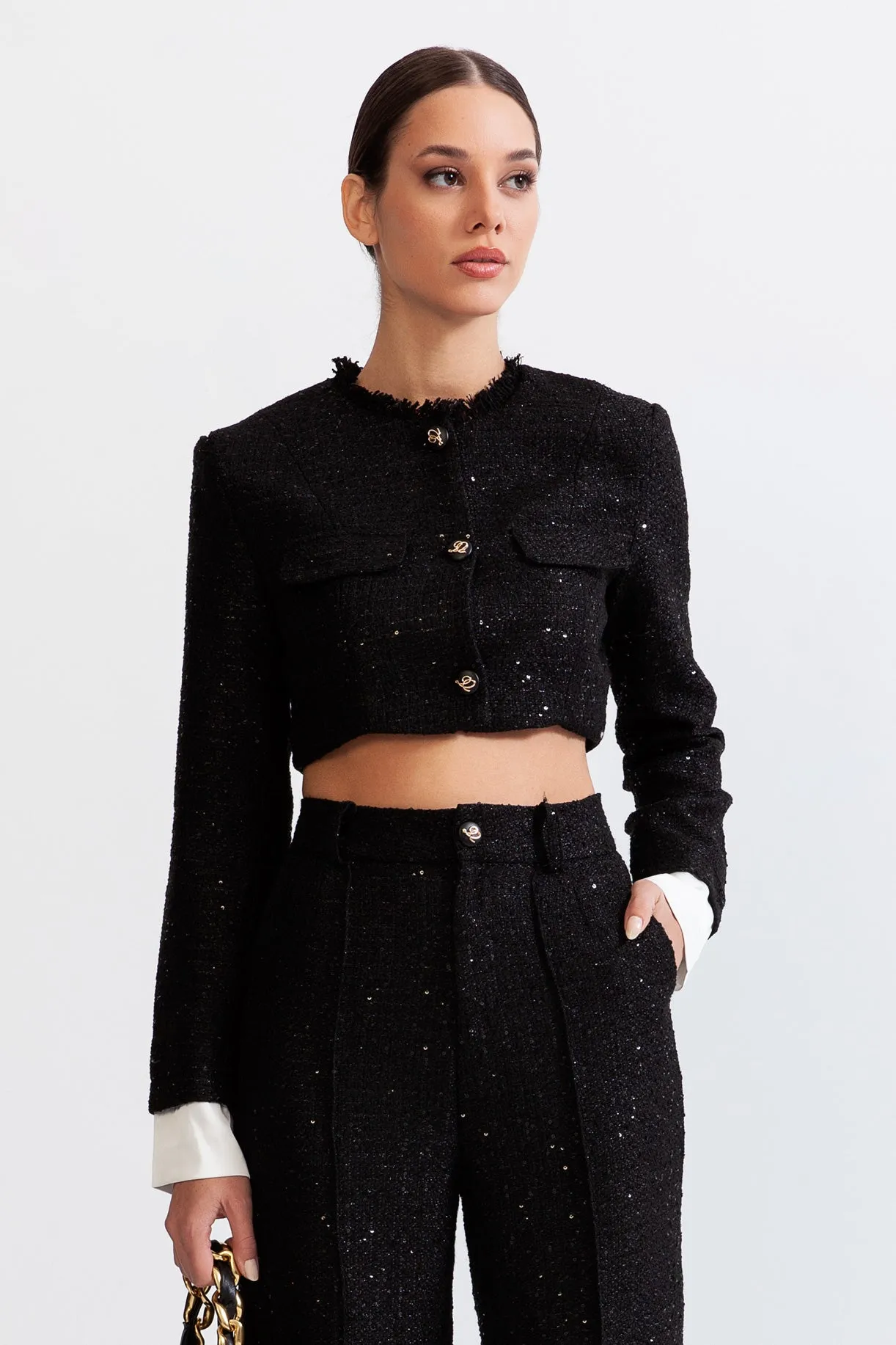 Long Sleeve Tweed Co-Ord with Sequin Details - Black