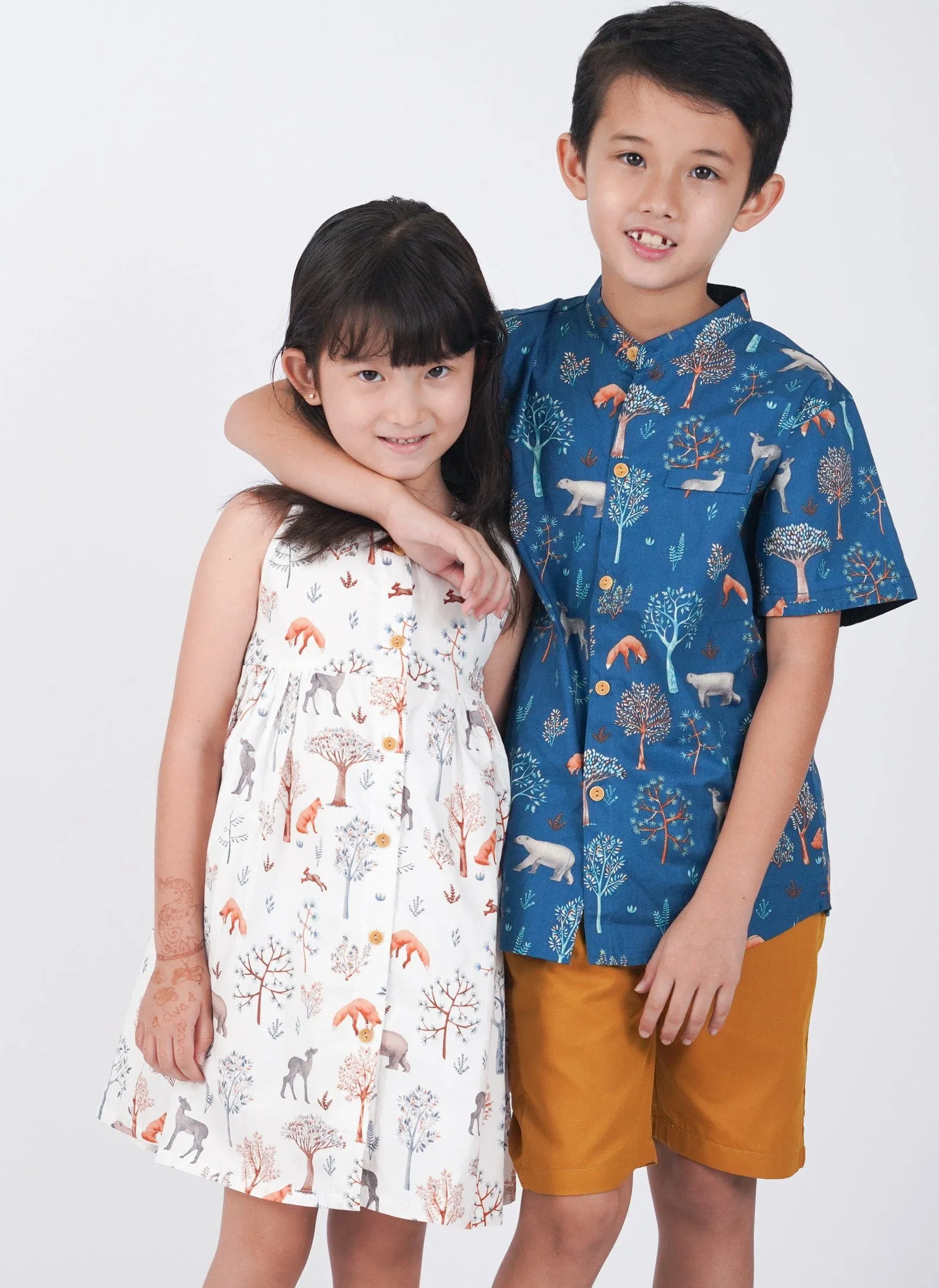 Mandarin Collar Shirt - Animals in Autumn (Blue)