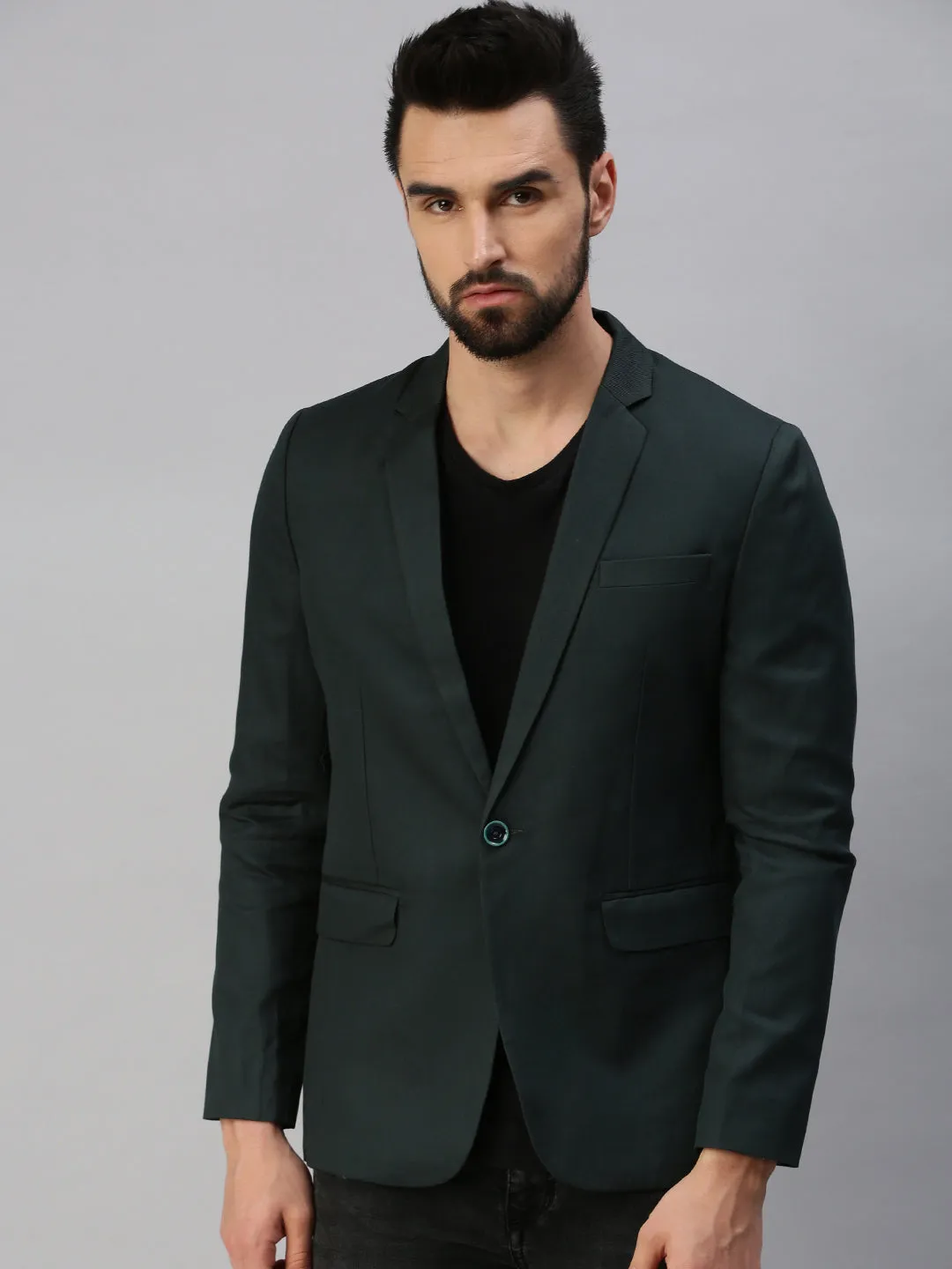 Men Green Solid Single-Breasted Party Blazers