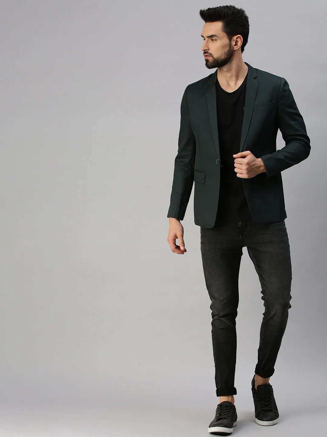 Men Green Solid Single-Breasted Party Blazers