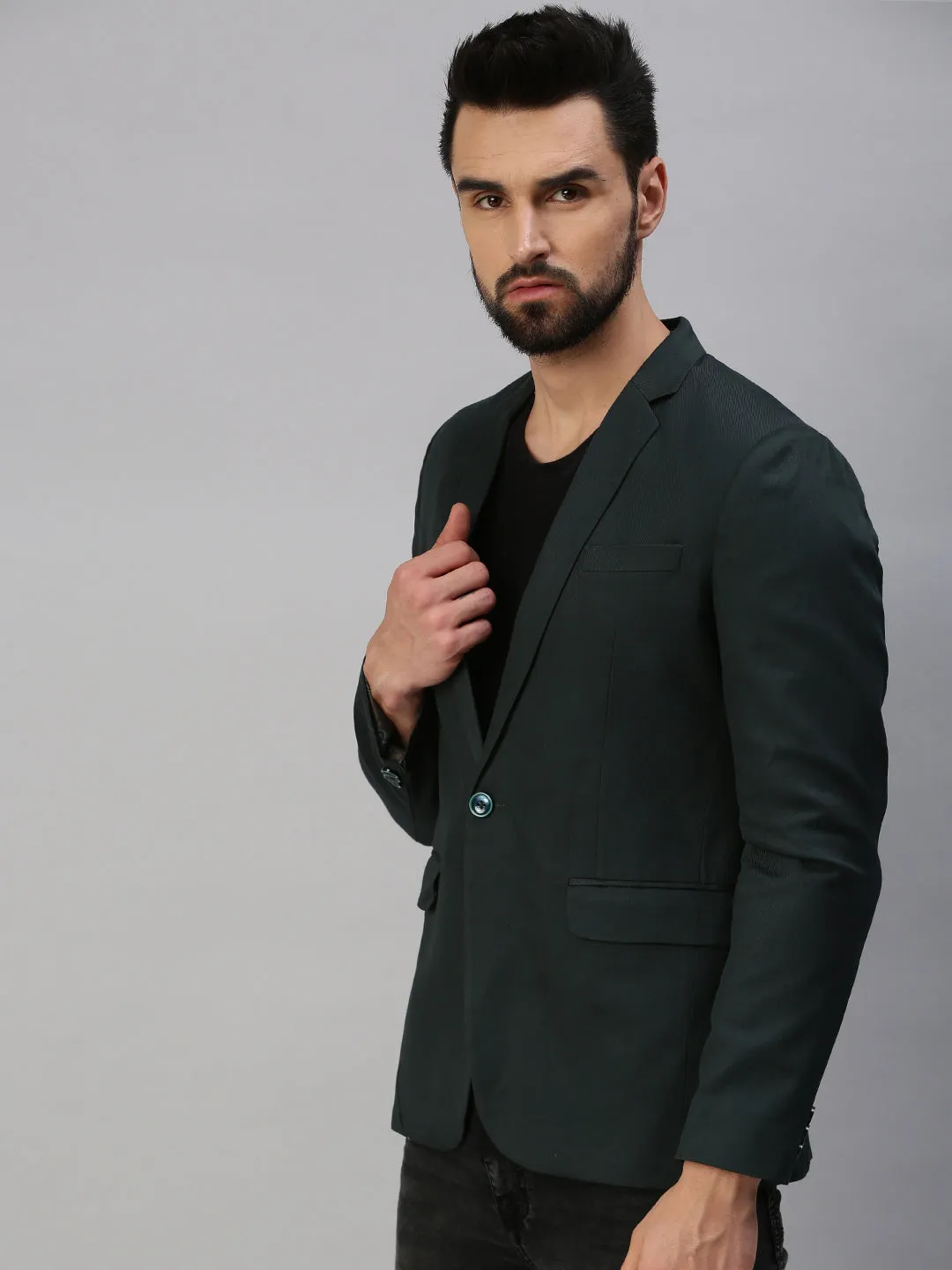 Men Green Solid Single-Breasted Party Blazers