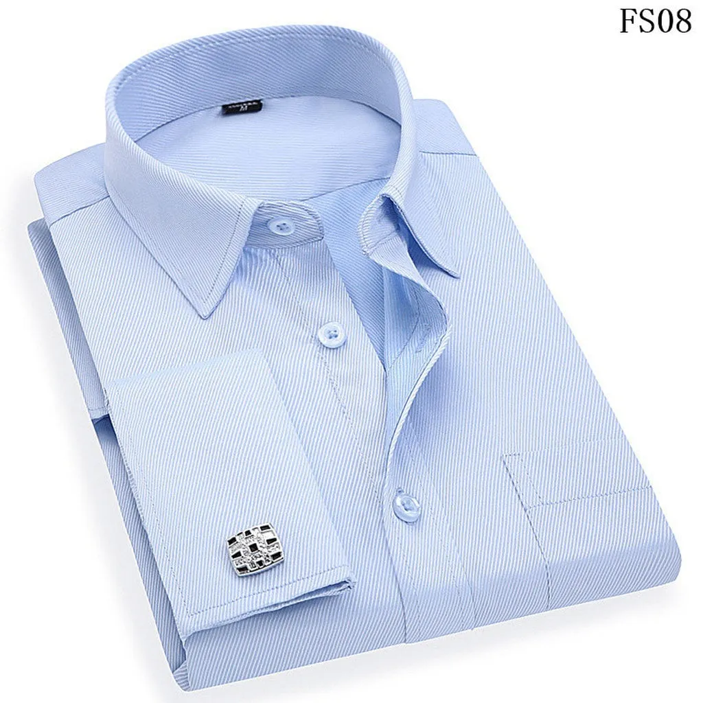 Men 'S French Cufflinks Business Dress Shirts Long Sleeves White Blue Twill Asian Size M, L, XL, XXL, 3XL, 4XL, 5XL, 6XL