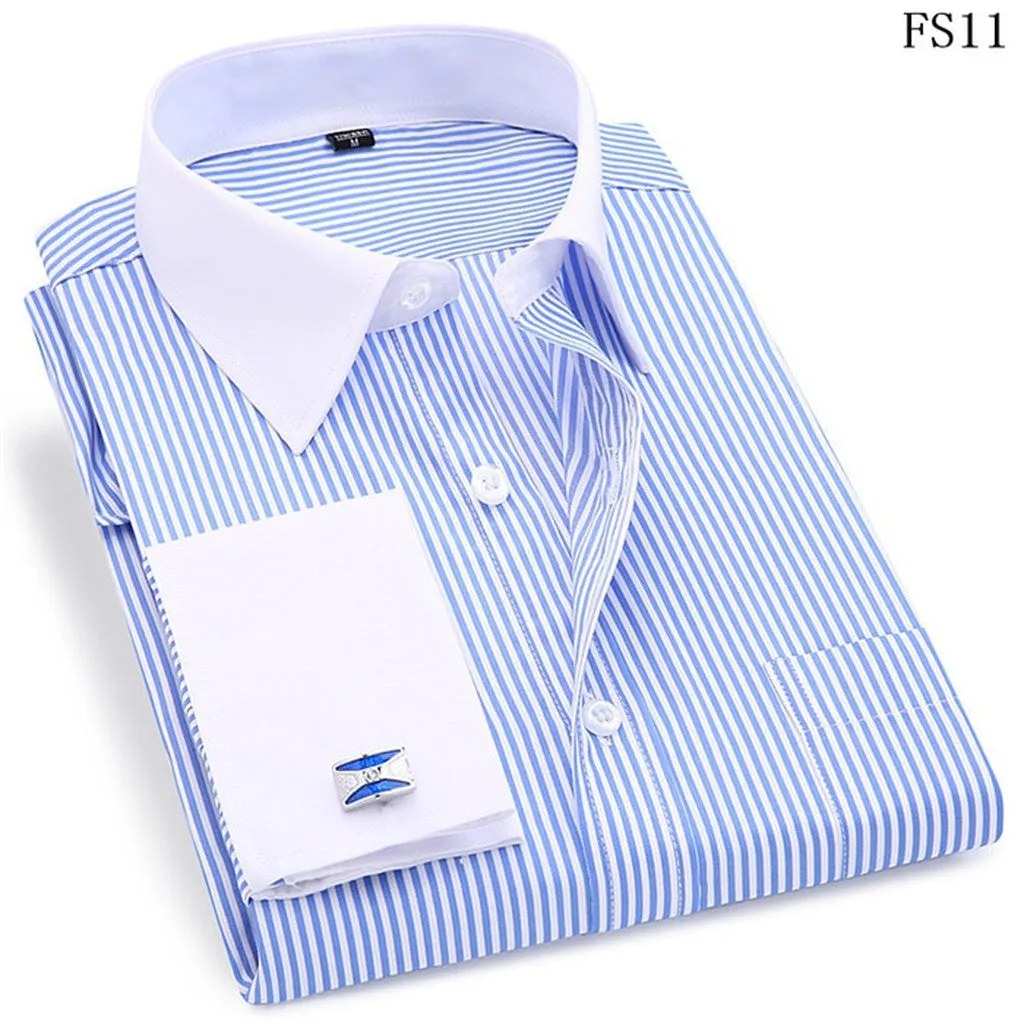 Men 'S French Cufflinks Business Dress Shirts Long Sleeves White Blue Twill Asian Size M, L, XL, XXL, 3XL, 4XL, 5XL, 6XL