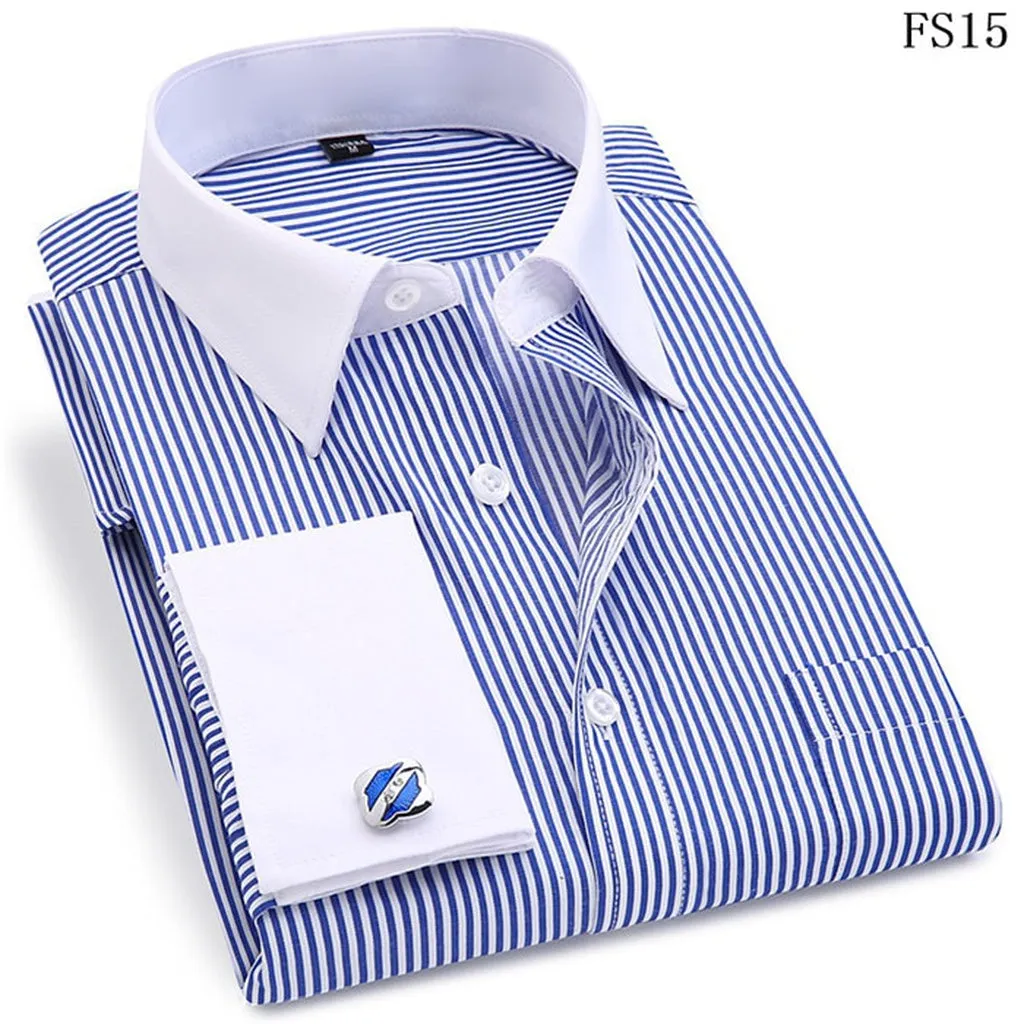 Men 'S French Cufflinks Business Dress Shirts Long Sleeves White Blue Twill Asian Size M, L, XL, XXL, 3XL, 4XL, 5XL, 6XL
