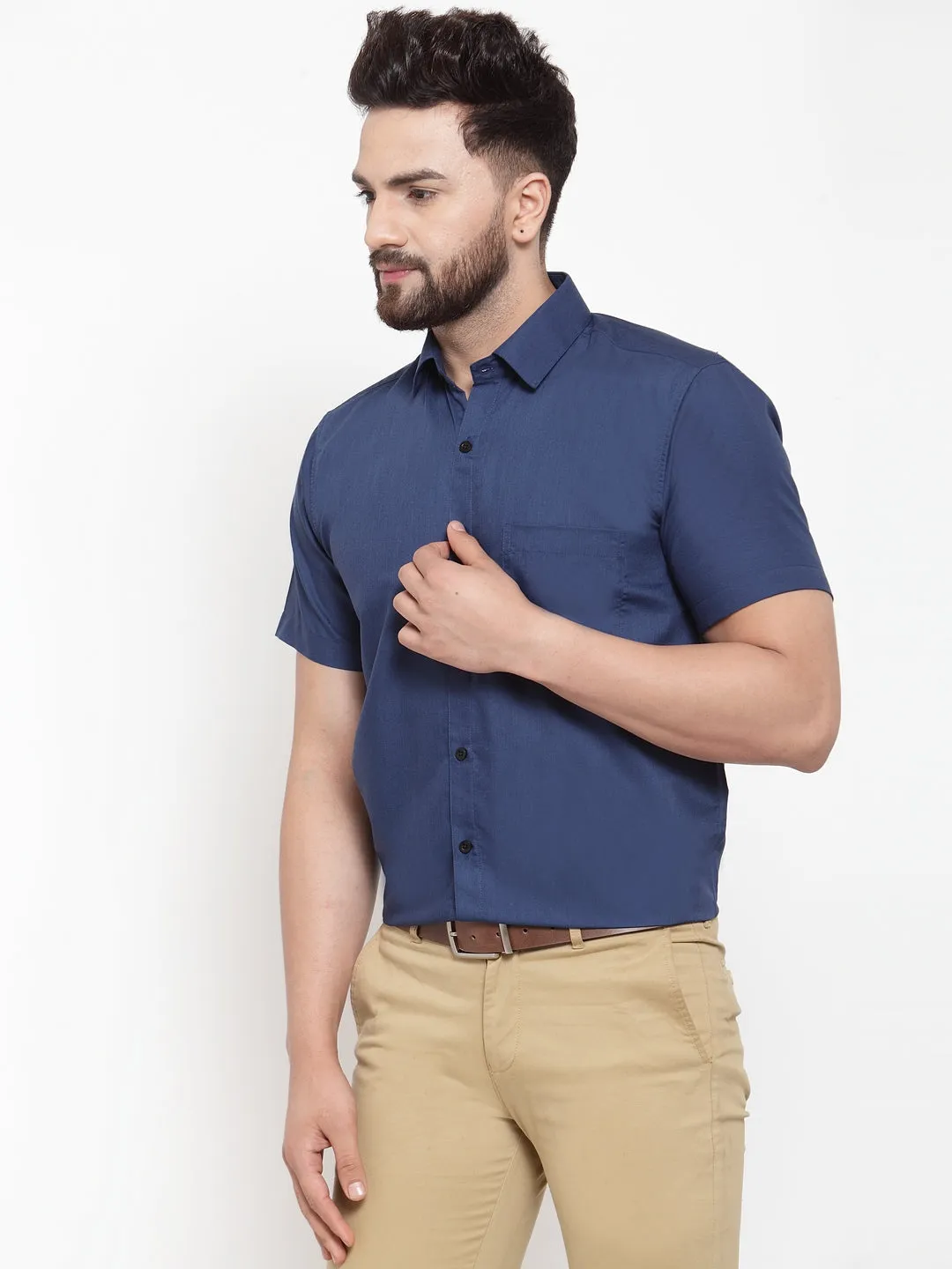 Men's Blue Cotton Half Sleeves Solid Formal Shirts ( SF 754Peacock ) - Jainish