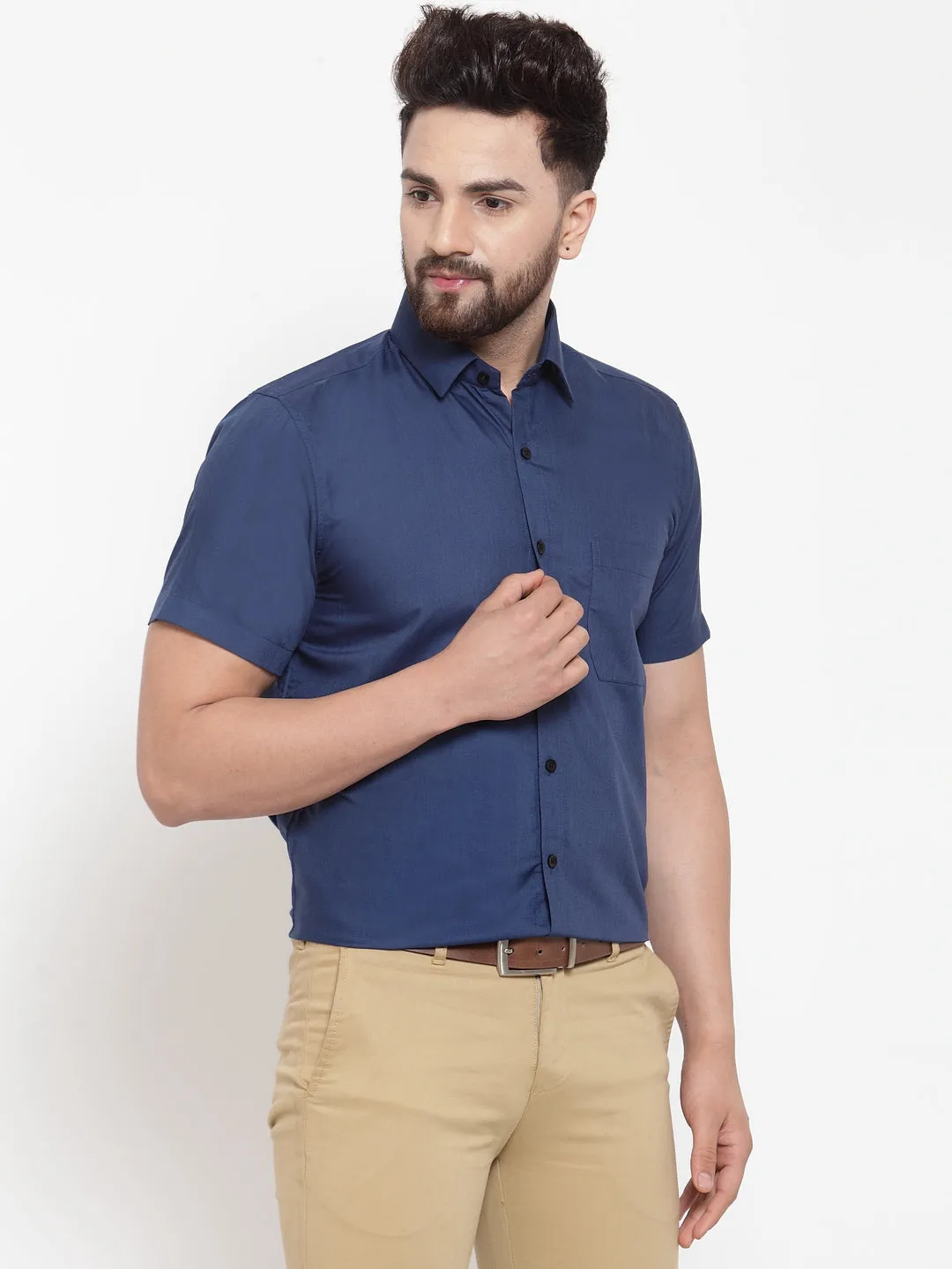 Men's Blue Cotton Half Sleeves Solid Formal Shirts ( SF 754Peacock ) - Jainish