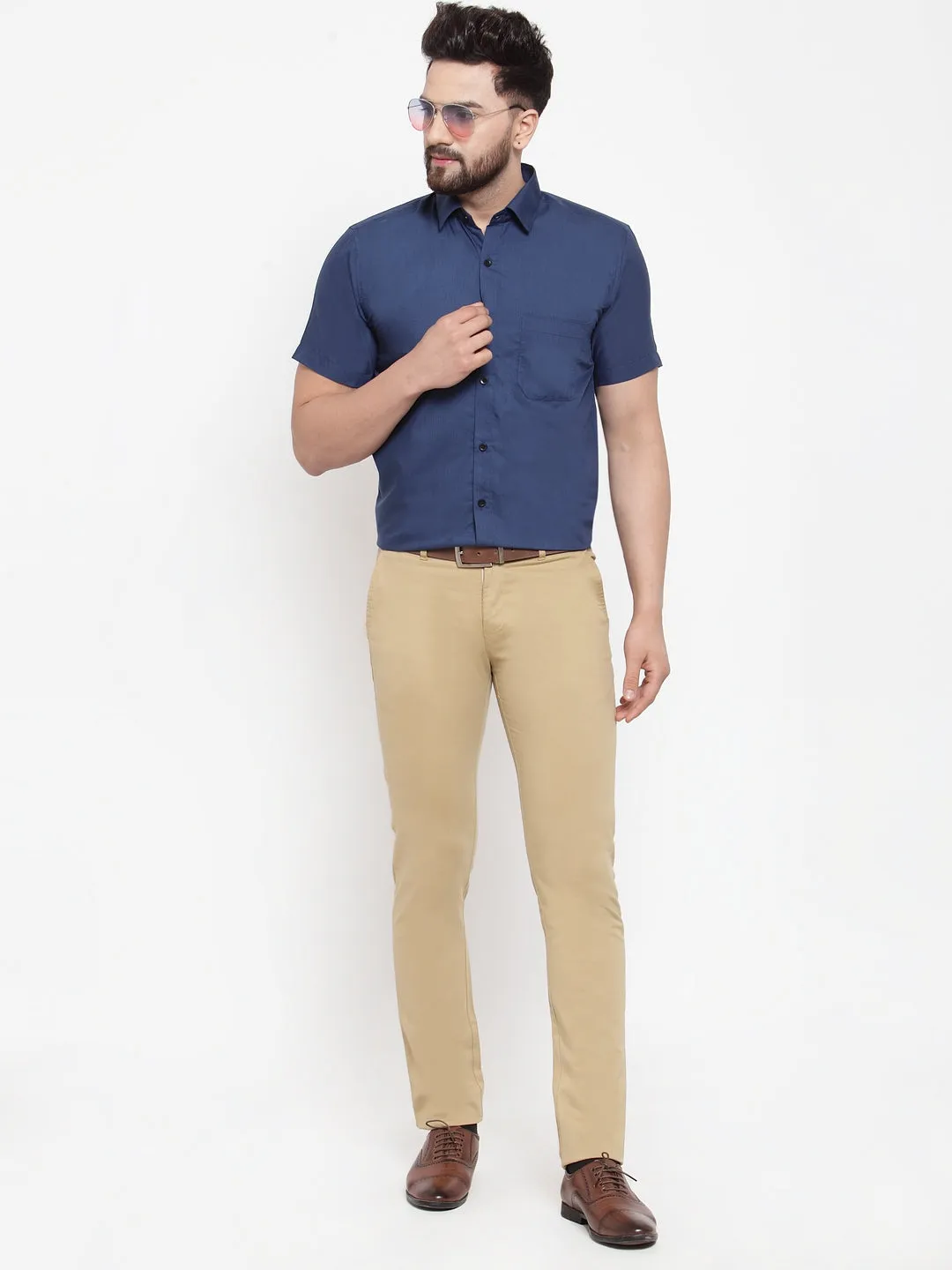 Men's Blue Cotton Half Sleeves Solid Formal Shirts ( SF 754Peacock ) - Jainish
