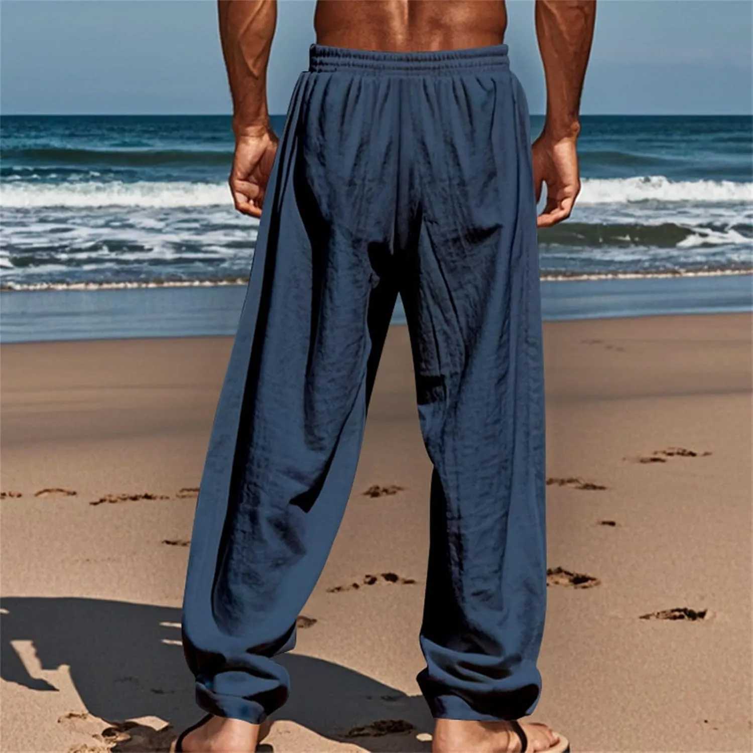 Mens Linen Pants Elastic Waist Drawstring Beach Casual Pants Summer Pants Lightweight Linen Trouser
