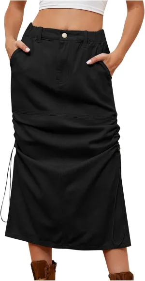 Midi Skirt for Women 2024 Casual Elastic Waist Wrap-Around Skirts Fall Trendy Mid Length Skirts with Pockets Y2k