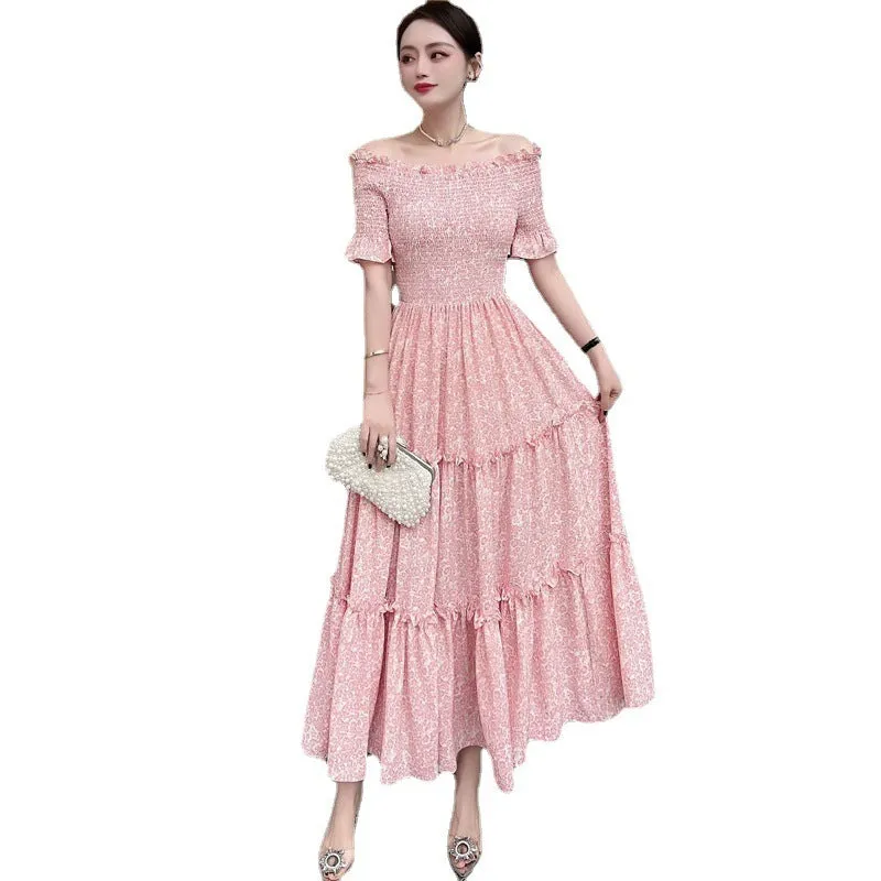 Off-shoulder Elastic Waist Printed Short Sleeve Bohemian Maxi Dress Women's Clothing
