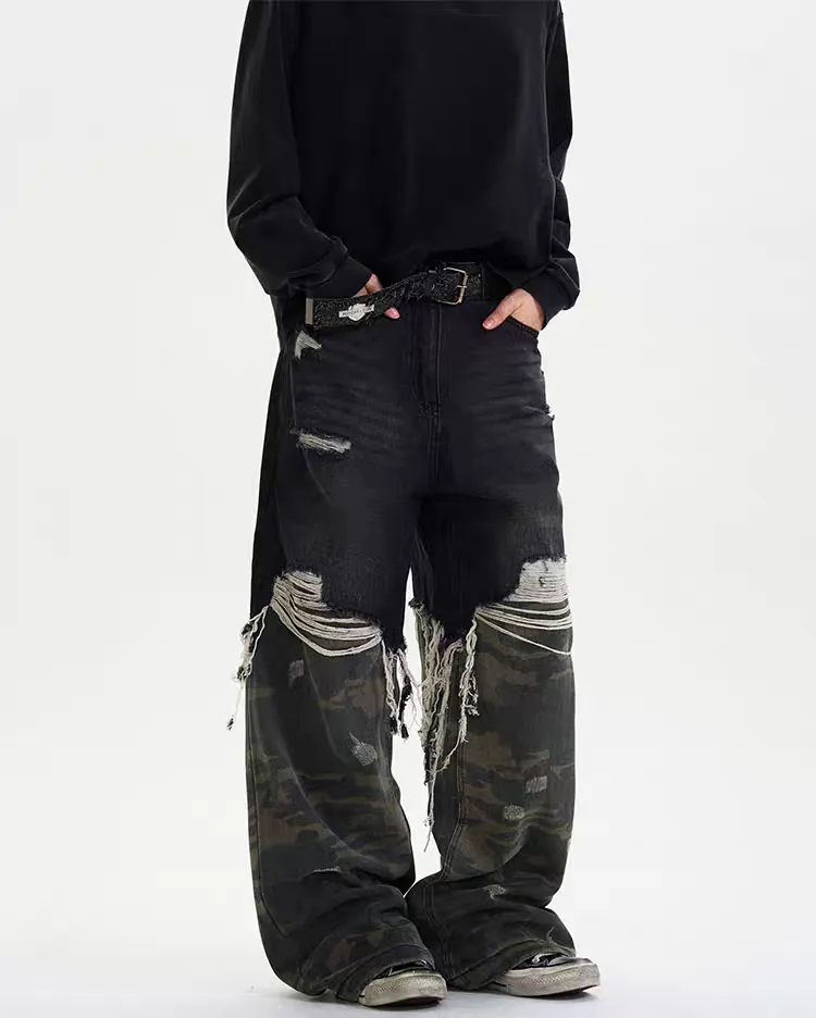 Patchwork Destroyed Camo Jeans
