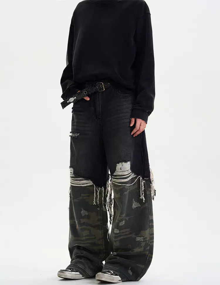 Patchwork Destroyed Camo Jeans