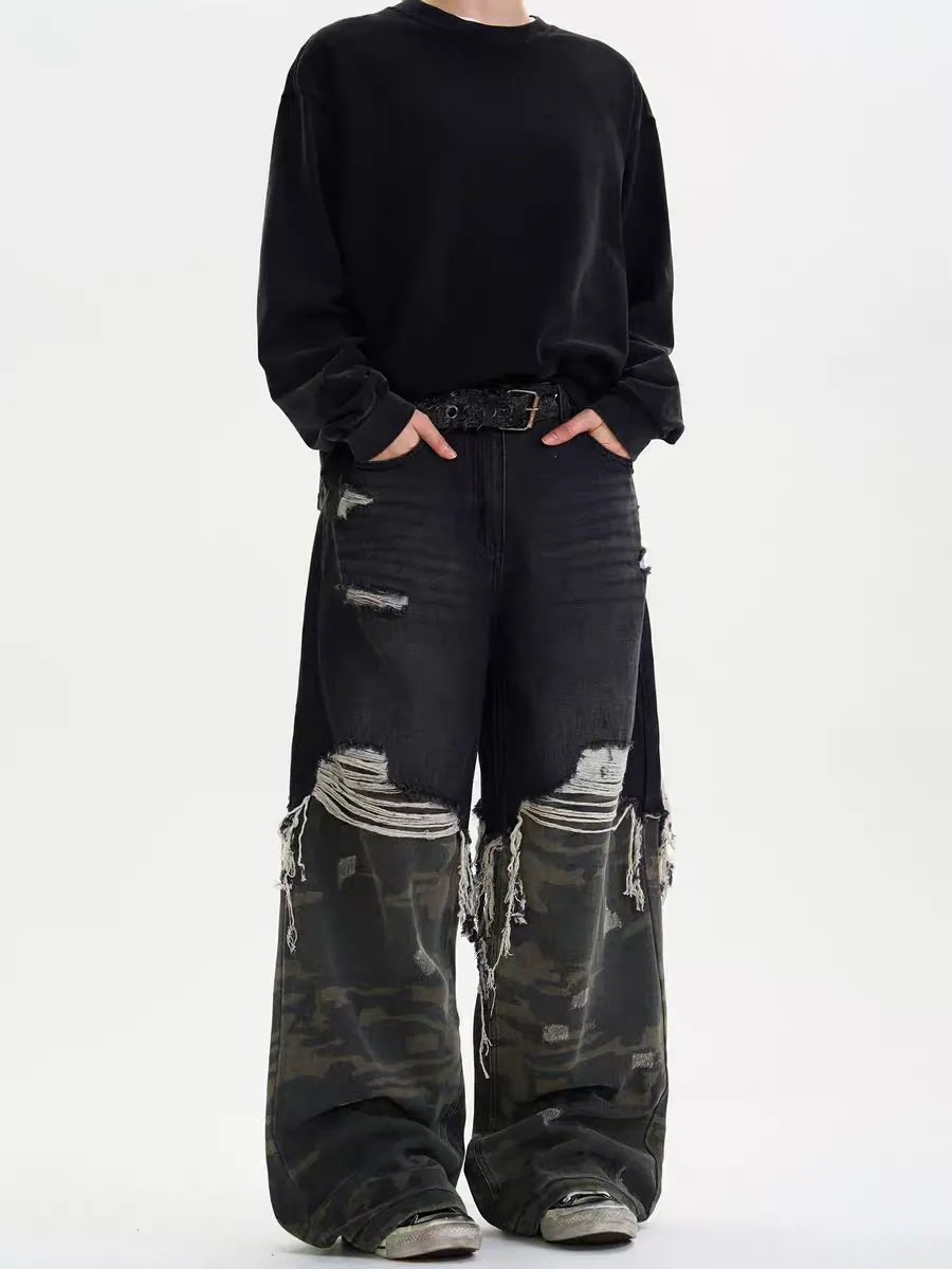 Patchwork Destroyed Camo Jeans