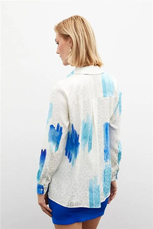 Patterned Leopard Casual Satin Shirt-Royal Blue