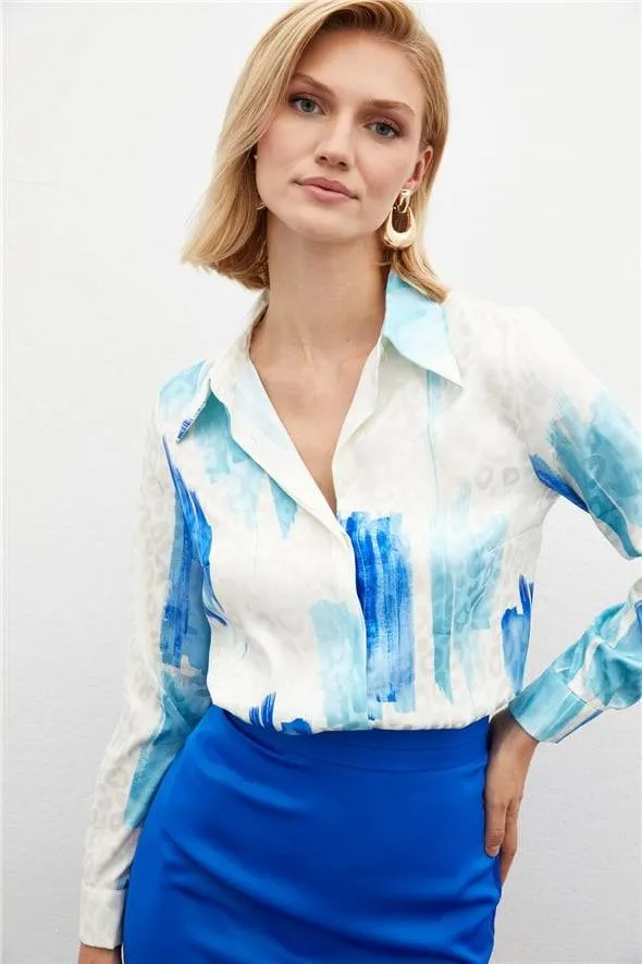 Patterned Leopard Casual Satin Shirt-Royal Blue