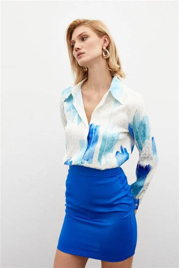 Patterned Leopard Casual Satin Shirt-Royal Blue