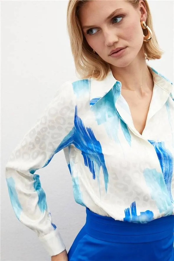 Patterned Leopard Casual Satin Shirt-Royal Blue