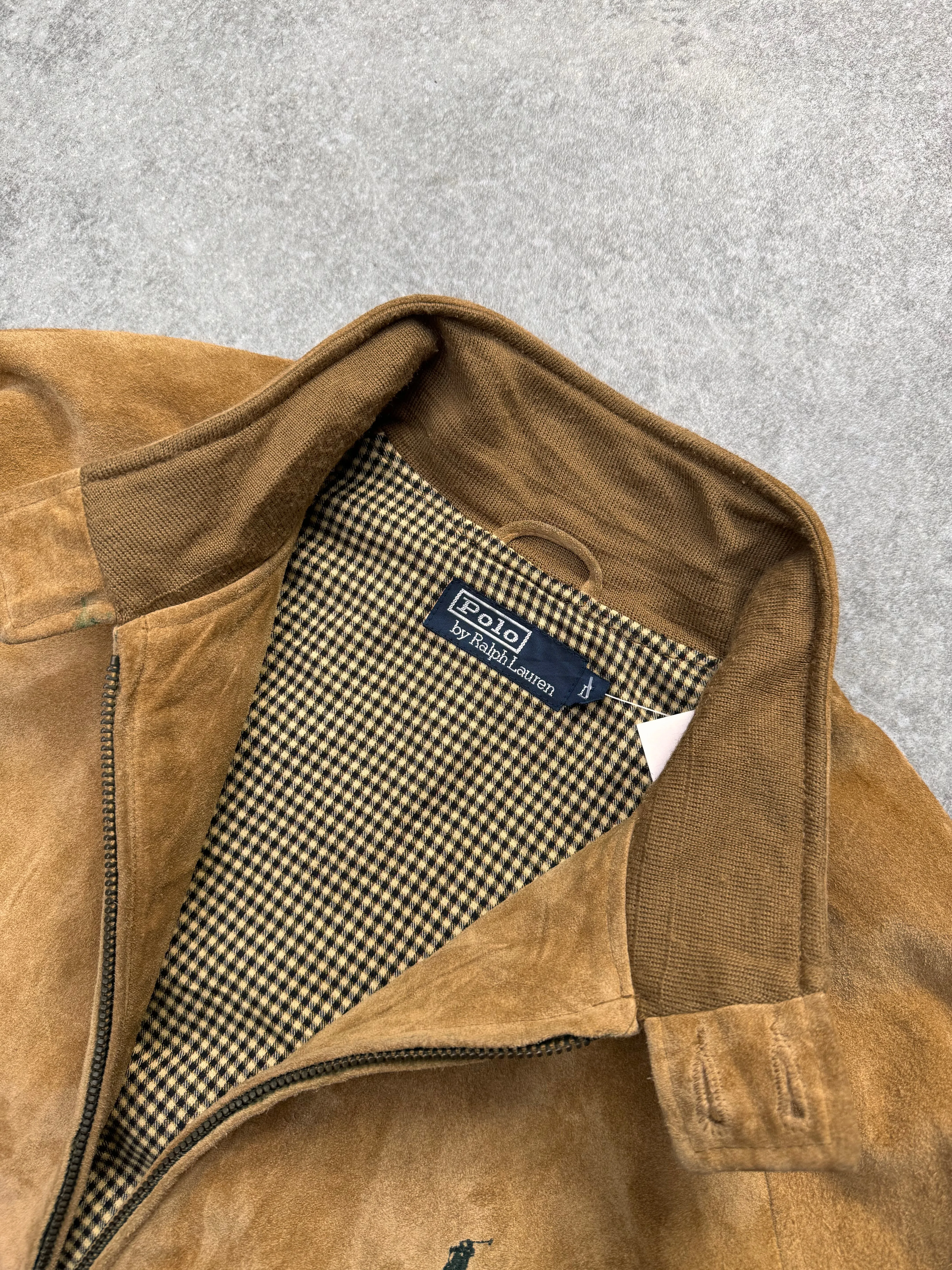 Polo Ralph Lauren Brown Suede Plaid Lined Harrington Jacket