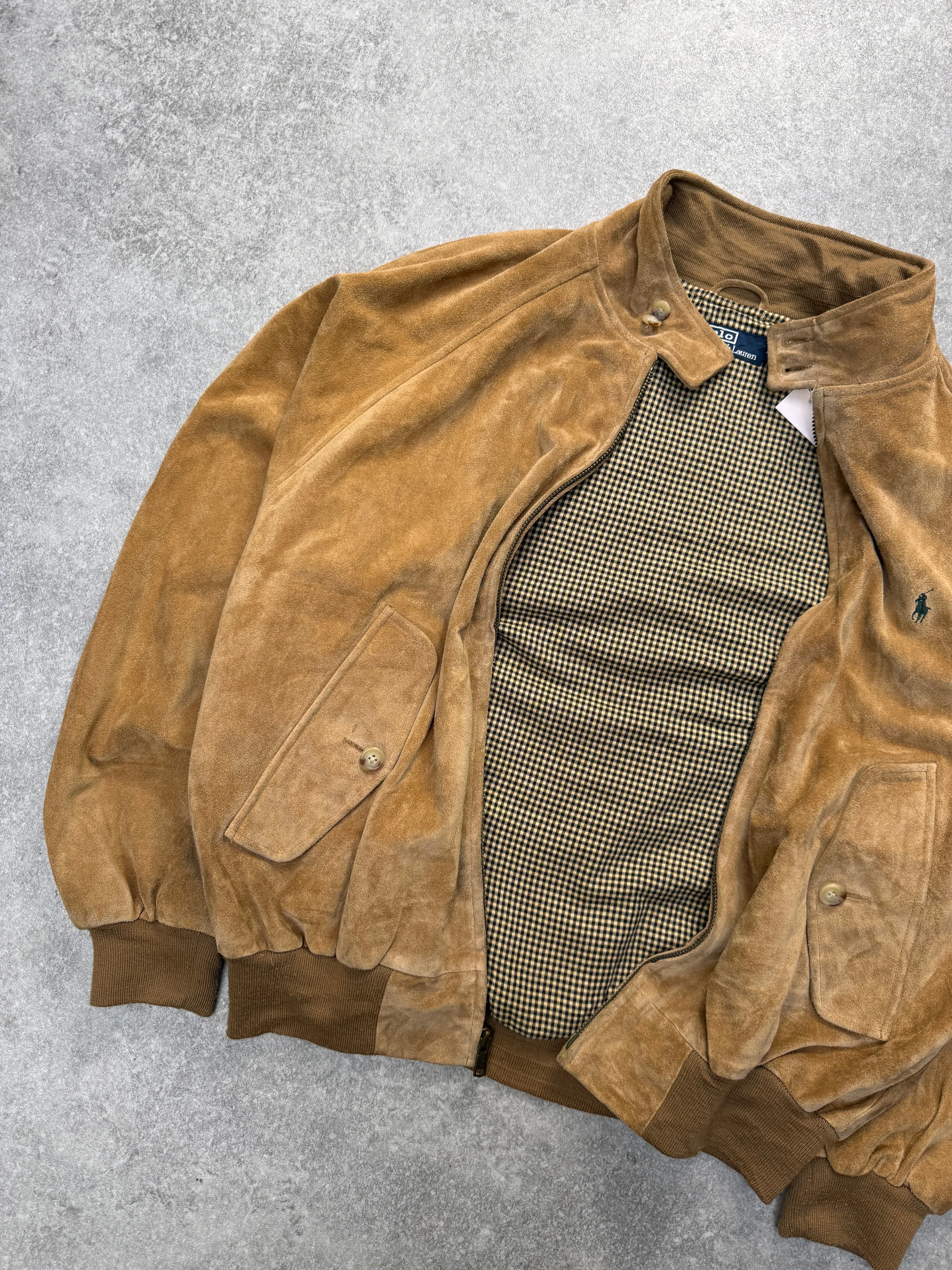 Polo Ralph Lauren Brown Suede Plaid Lined Harrington Jacket