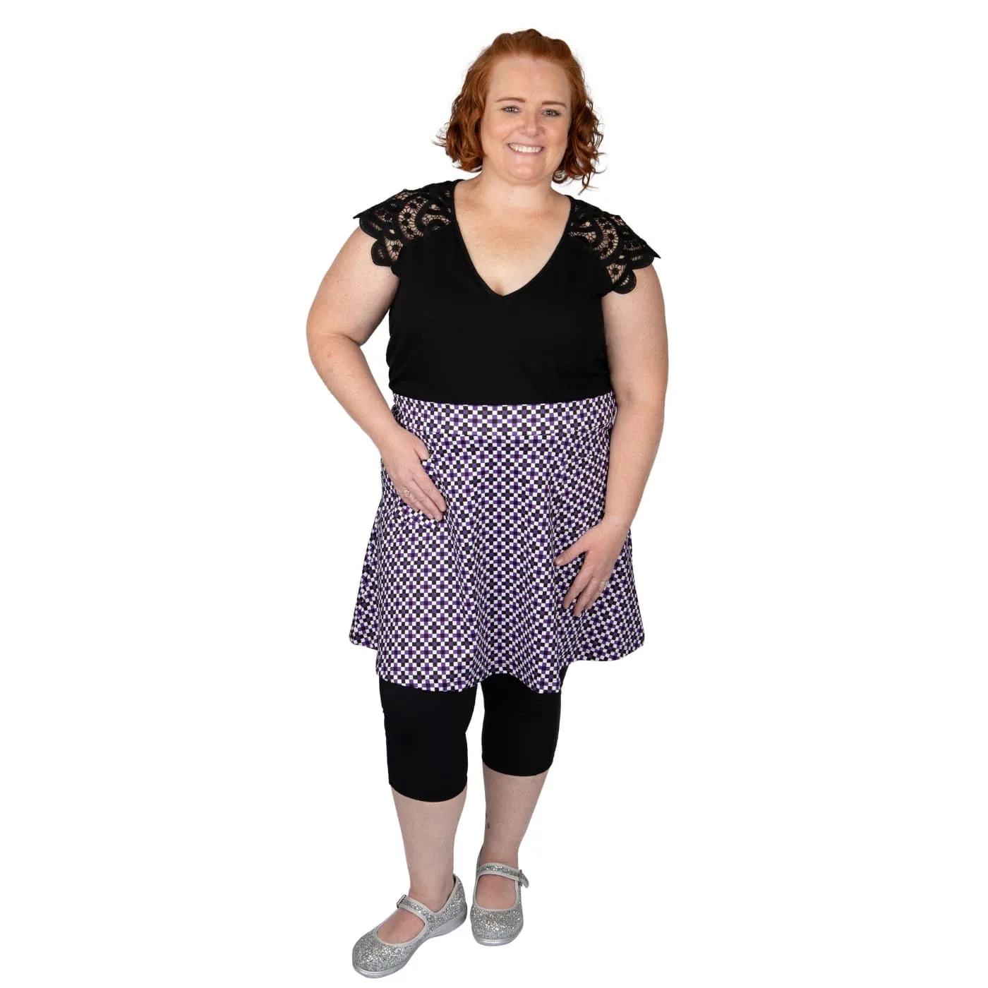 Purple Check Short Skirt With Pockets