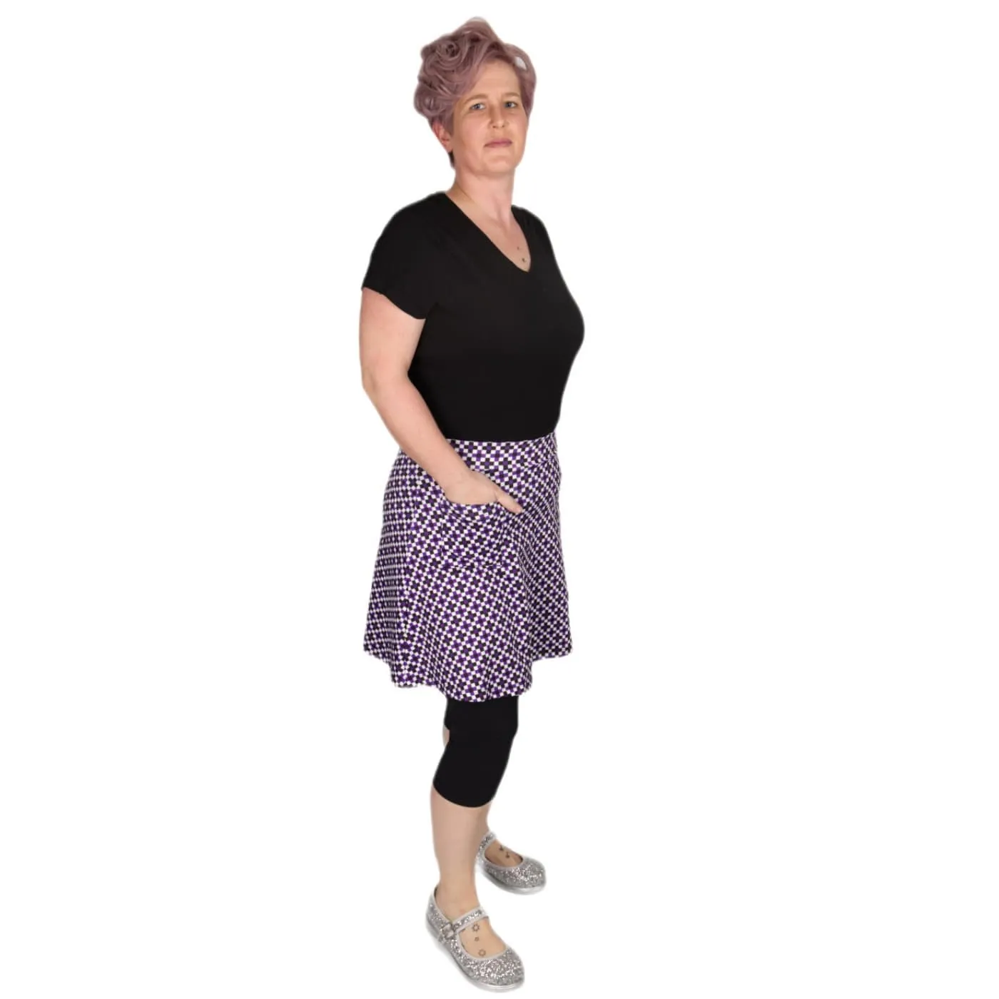 Purple Check Short Skirt With Pockets