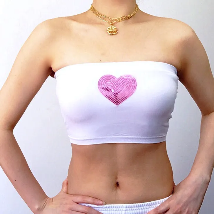SEQUINS HEART WHITE STRETCHY TUBE TOP