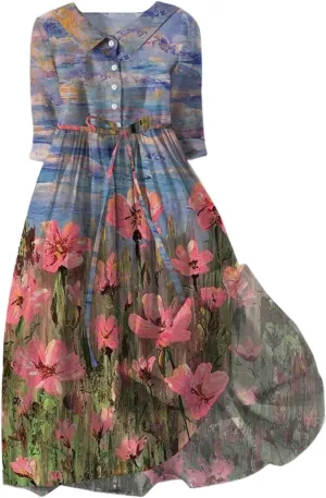 Summer Dresses for Women 2024 Boho Floral Lapel Neck Button Casual A-Line Lace-Up Dress Easter Dress Maternity