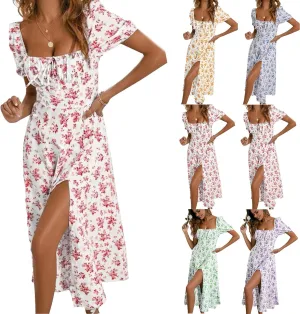 Summer Dresses for Women 2025 Puff Sleeve Square Neck Tie Front Milkmaid Dress Corset Slit Tight Midi Floral Sundress