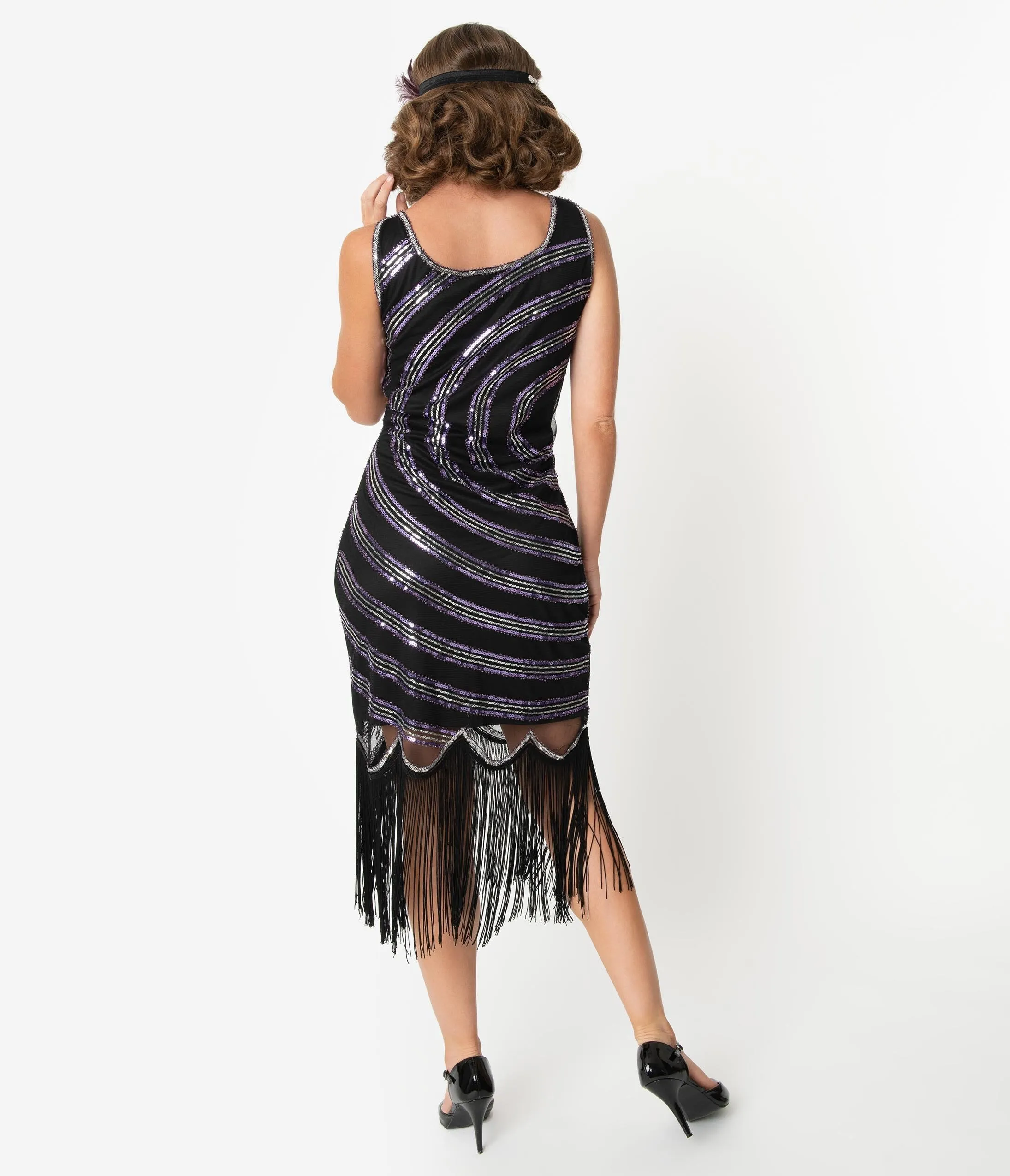Unique Vintage 1920s Black & Purple Beaded Antoinette Peacock Flapper