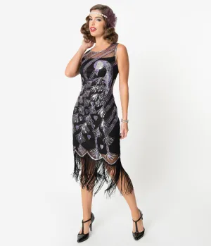 Unique Vintage 1920s Black & Purple Beaded Antoinette Peacock Flapper