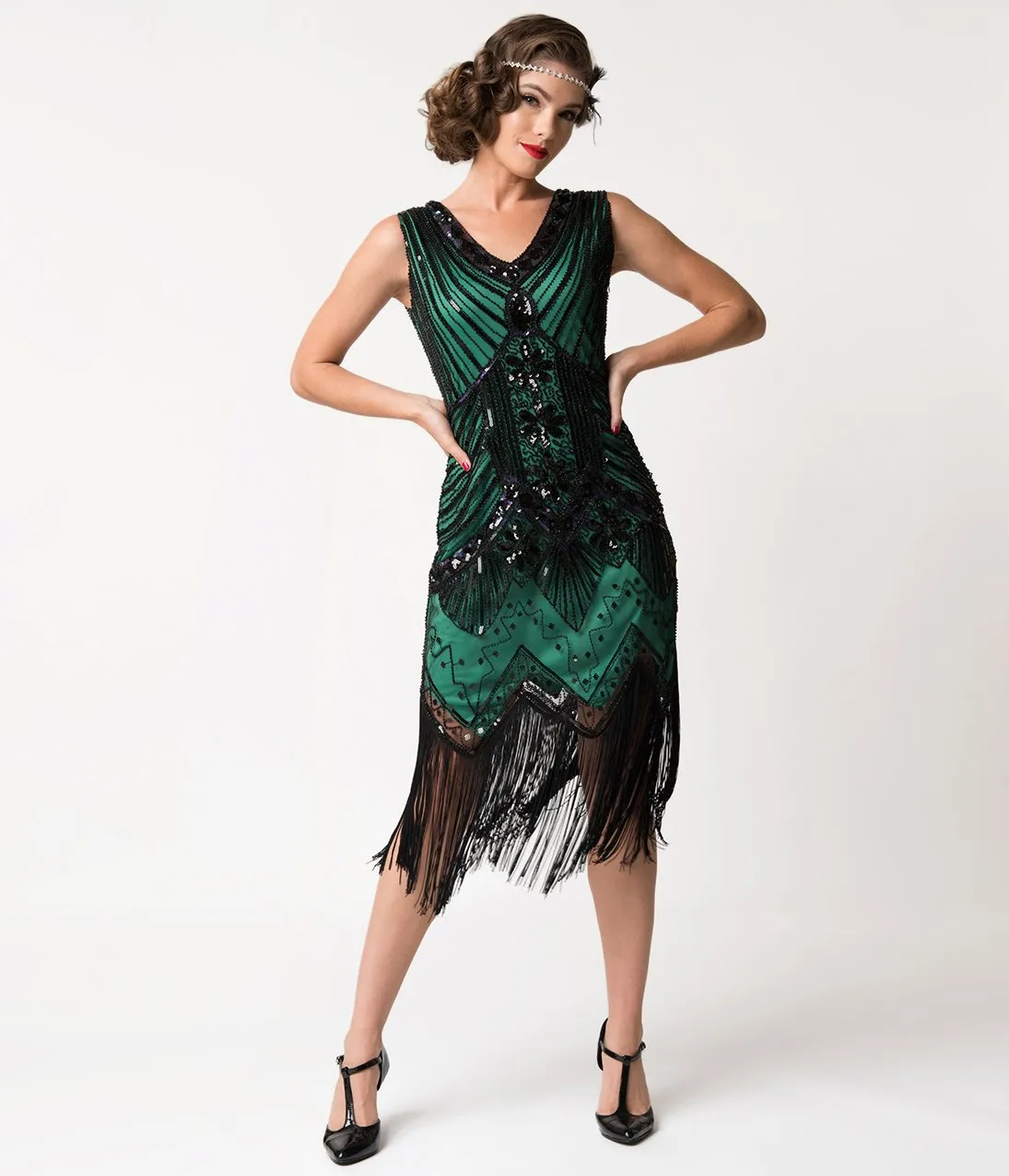 Unique Vintage 1920s Deco Green & Black Sequin Veronique Fringe Flapper Dress