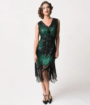 Unique Vintage 1920s Deco Green & Black Sequin Veronique Fringe Flapper Dress
