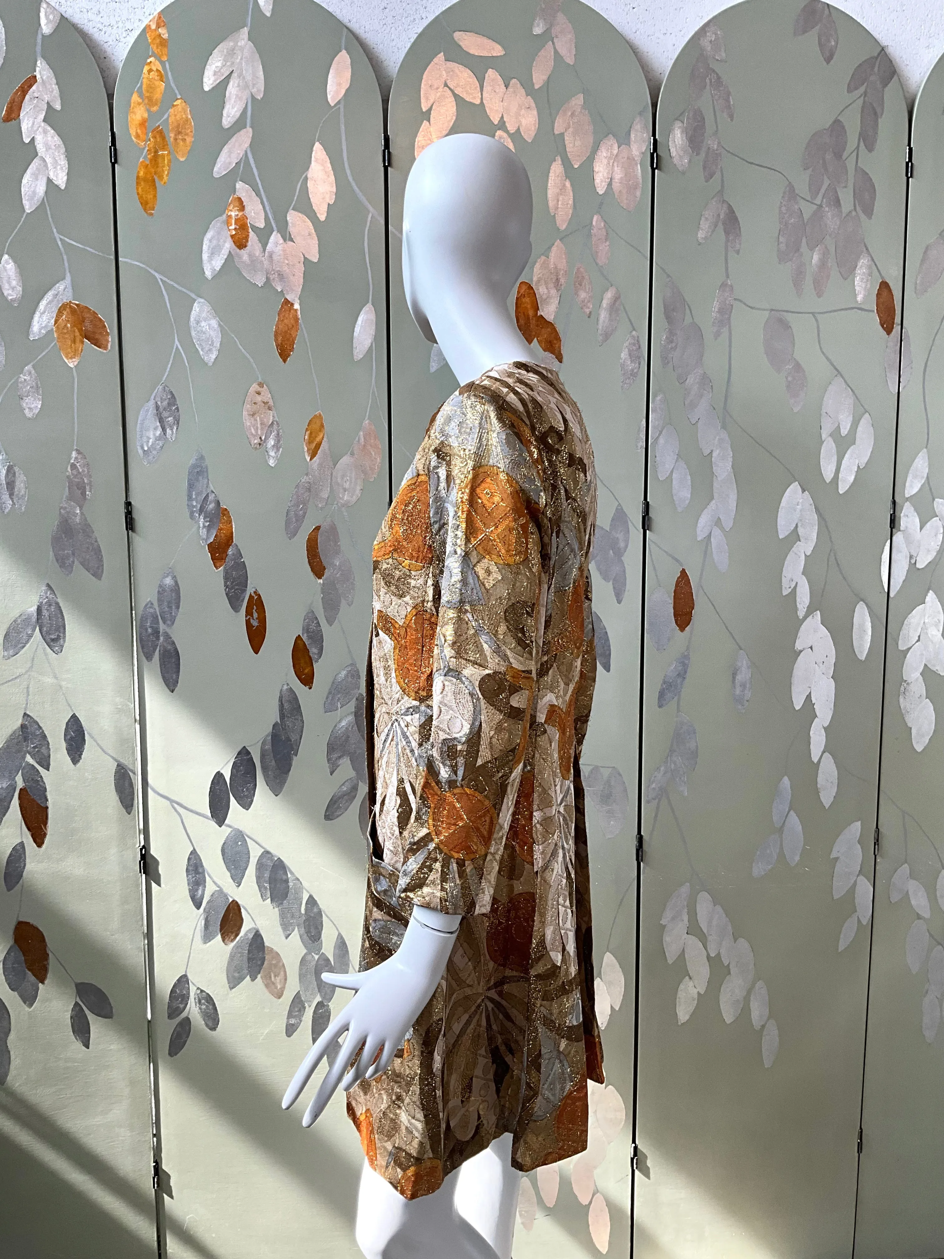 Vintage 1970s Bill Blass Metallic Gold Abstract Coat Jacket, Medium