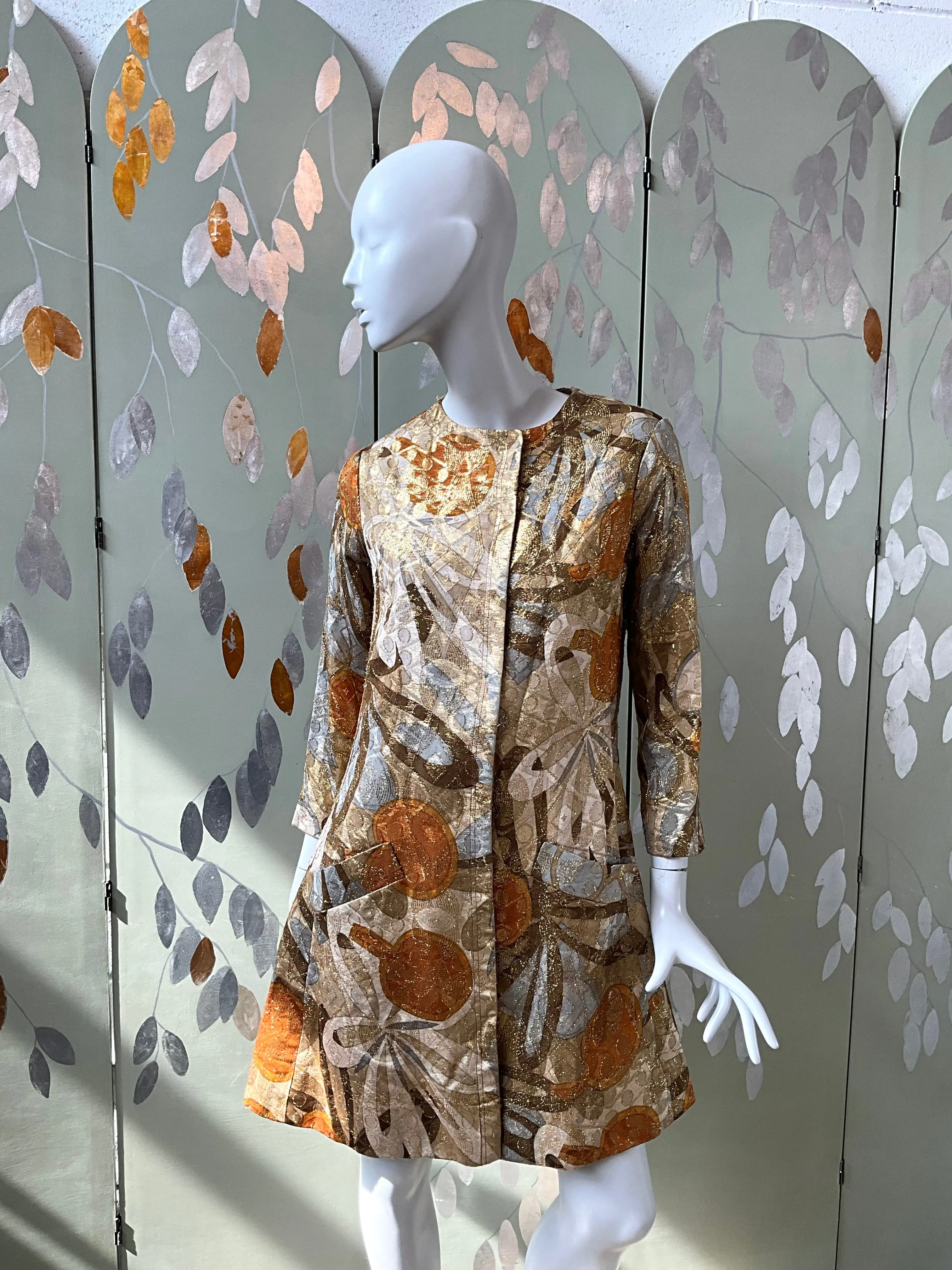 Vintage 1970s Bill Blass Metallic Gold Abstract Coat Jacket, Medium